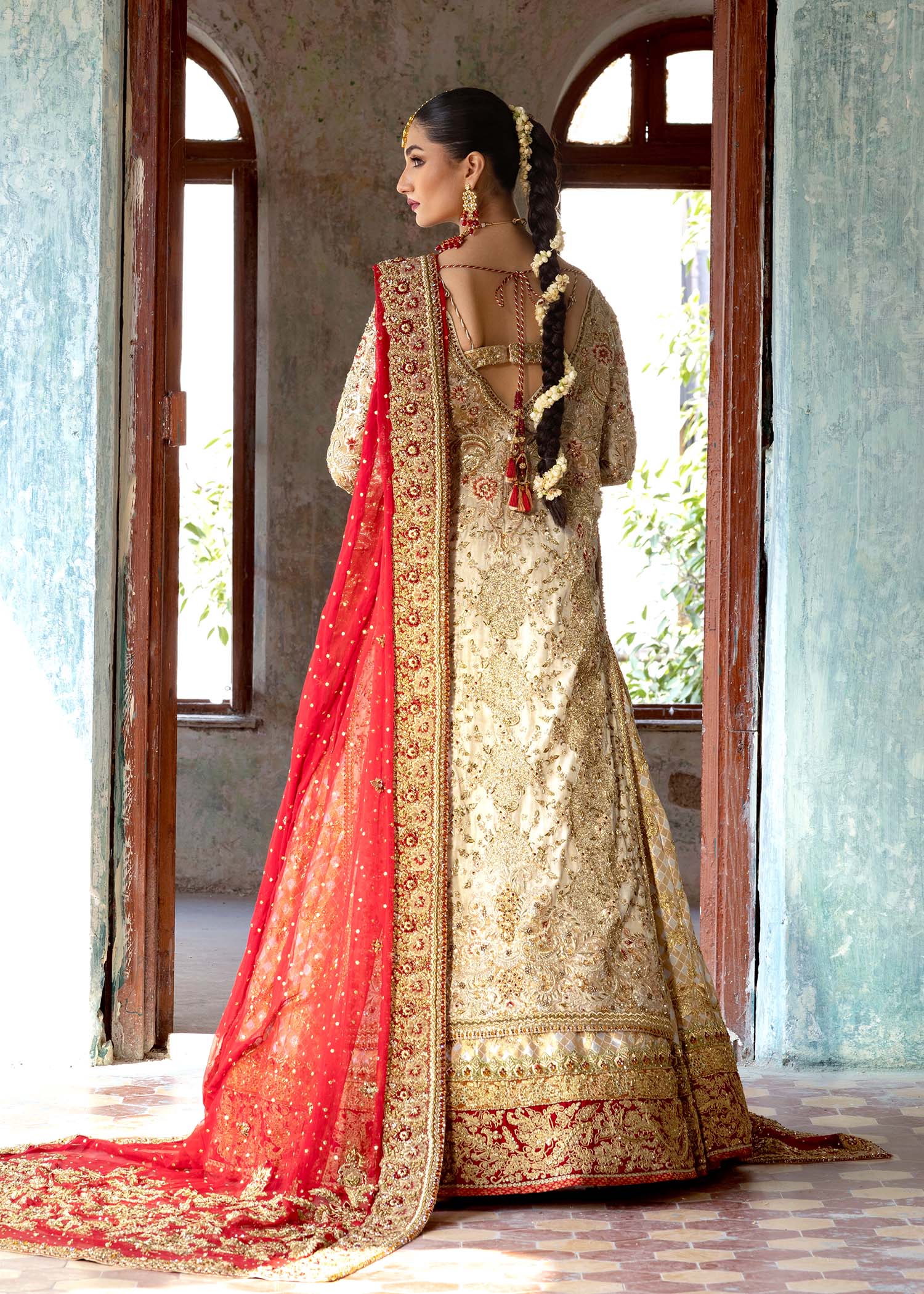 Ivory Gold Embroidered Silk Khadi Bridal Jacket Lehenga (3-Piece) - Image 4