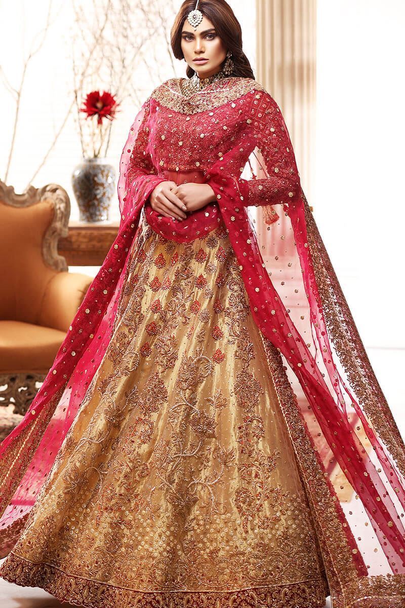 Pakistani Gold and Plum Embroidered Silk Lehenga Choli (3-Piece) - Image 1