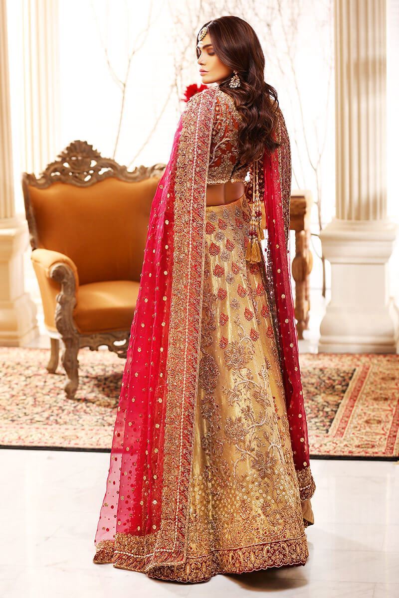 Pakistani Gold and Plum Embroidered Silk Lehenga Choli (3-Piece) - Image 2