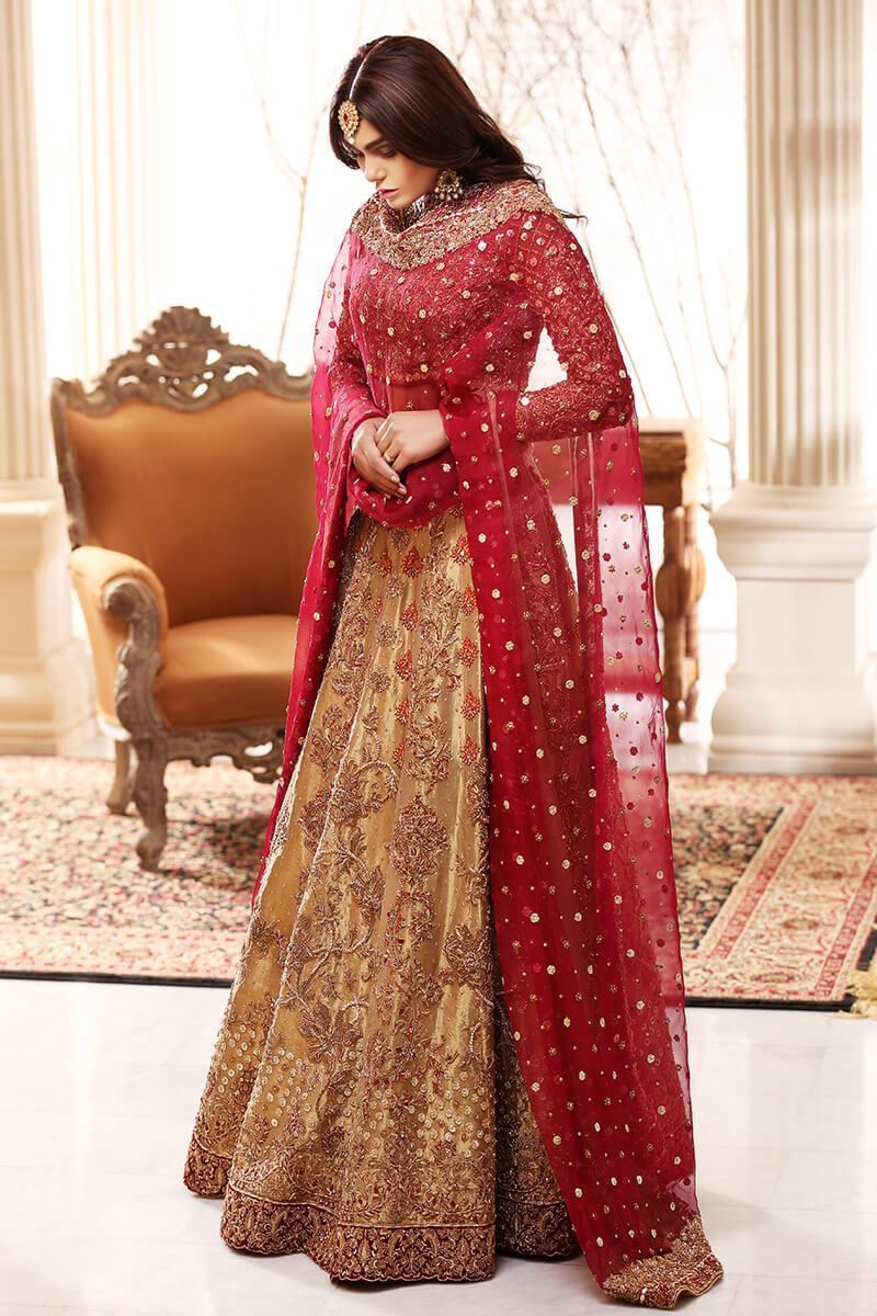 Pakistani Gold and Plum Embroidered Silk Lehenga Choli (3-Piece) - Image 3