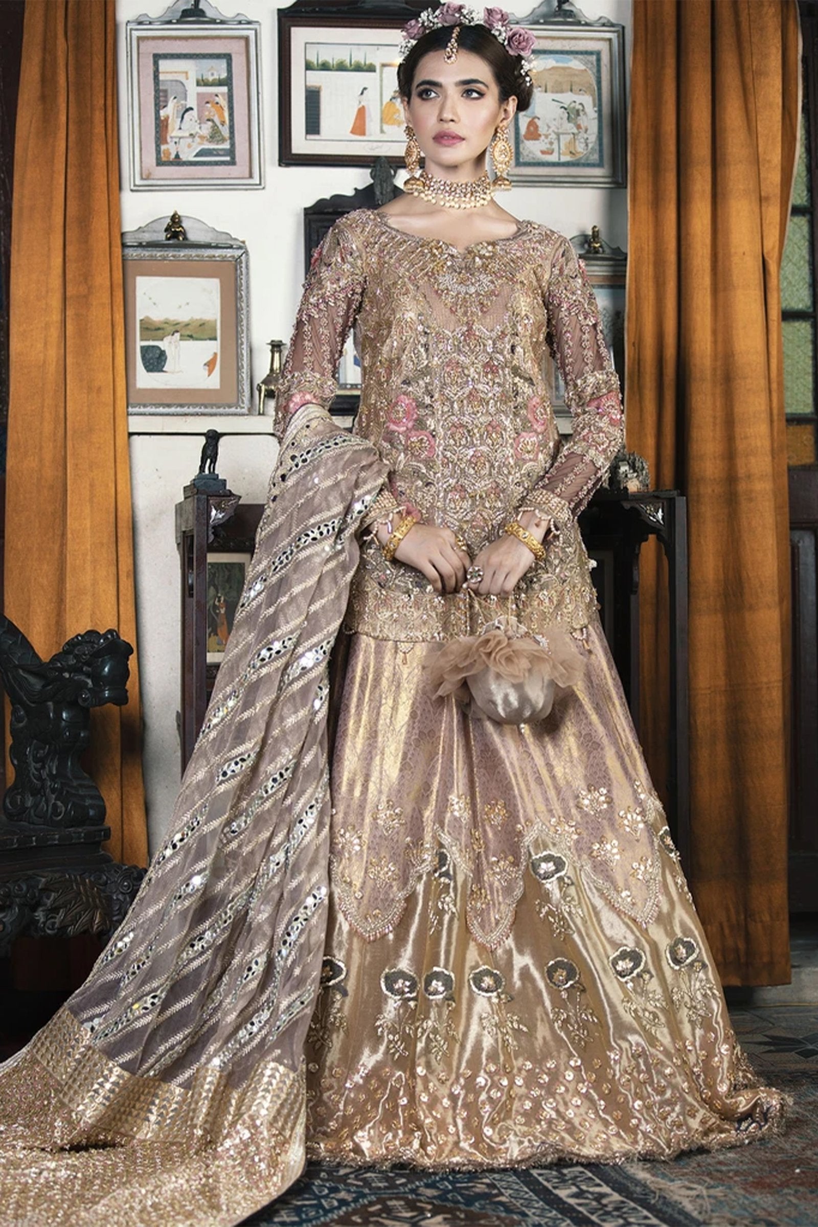 Gold Marori & Mokaish Embroidered Silk Lehenga (3-Piece) - Image 1