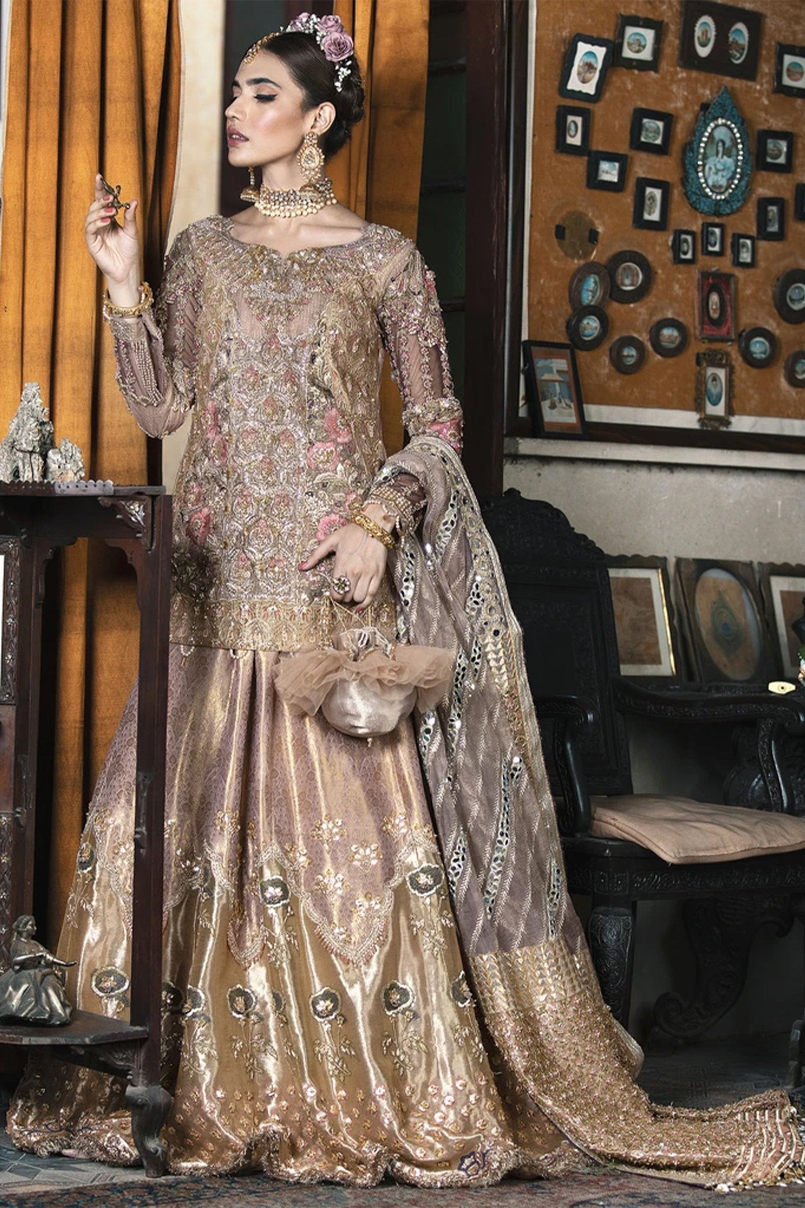 Gold Marori & Mokaish Embroidered Silk Lehenga (3-Piece) - Image 3