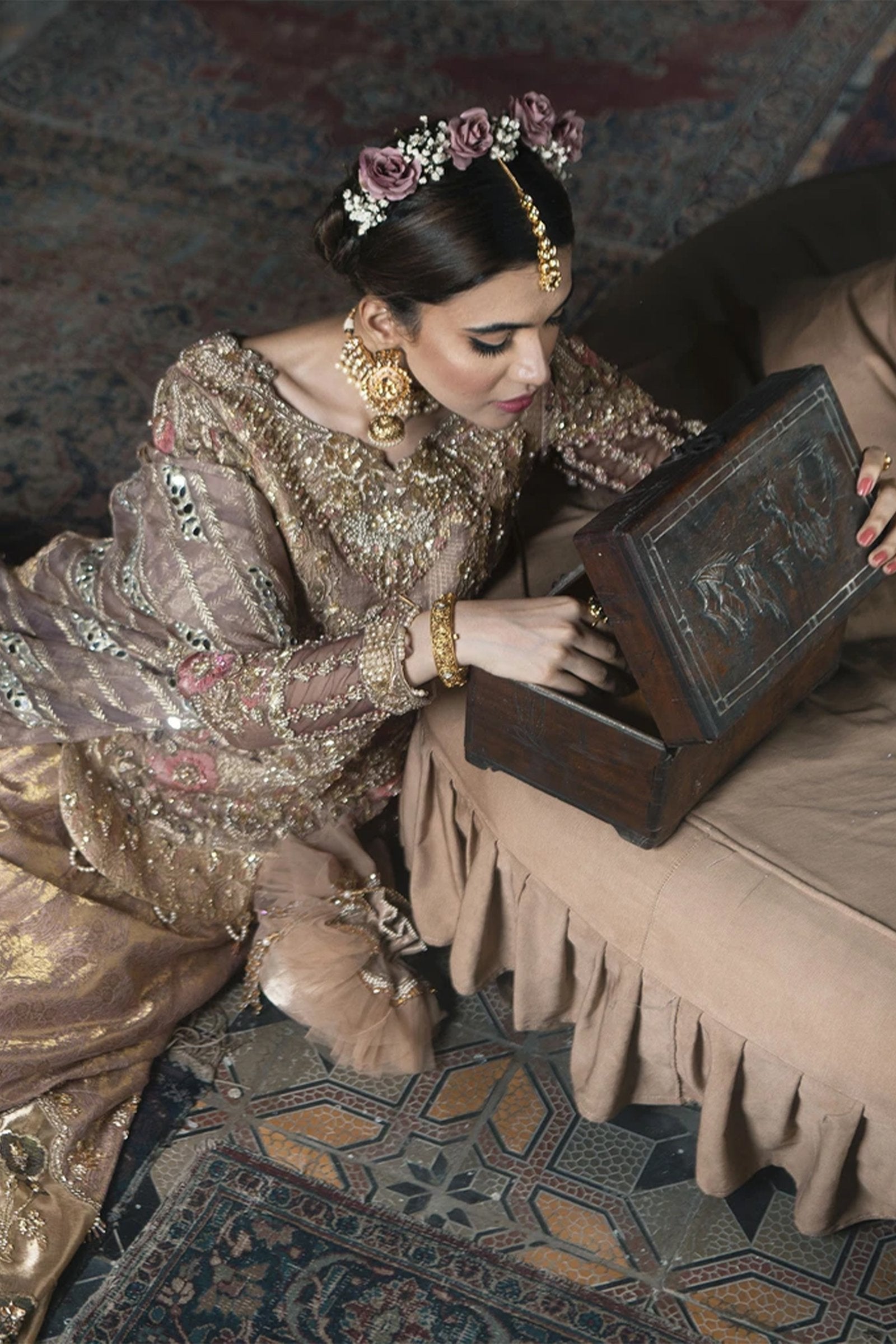 Gold Marori & Mokaish Embroidered Silk Lehenga (3-Piece) - Image 5