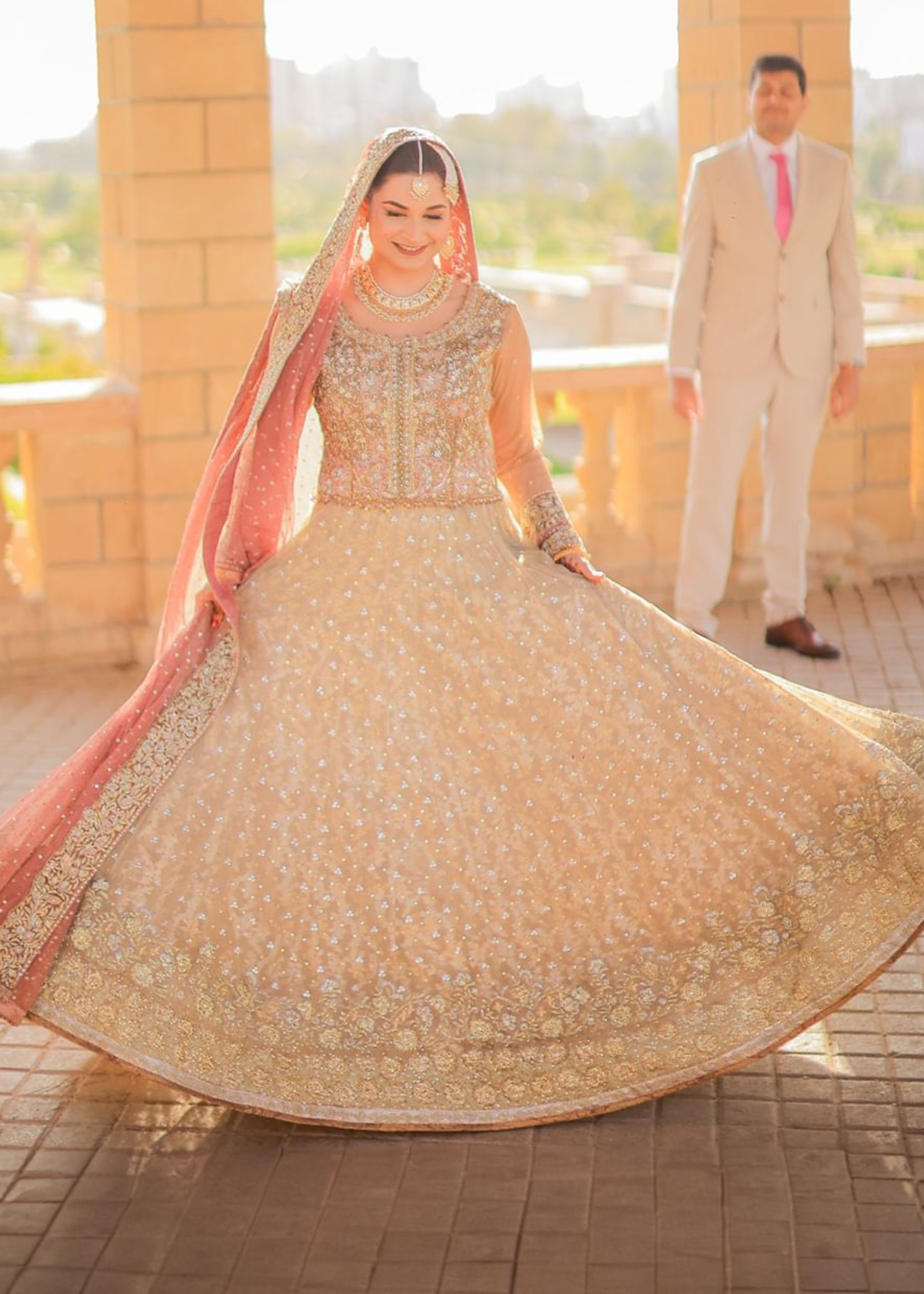 Pakistani Champagne Rose Gold Embellished Silk Bridal Lehenga (3-Piece) - Image 1