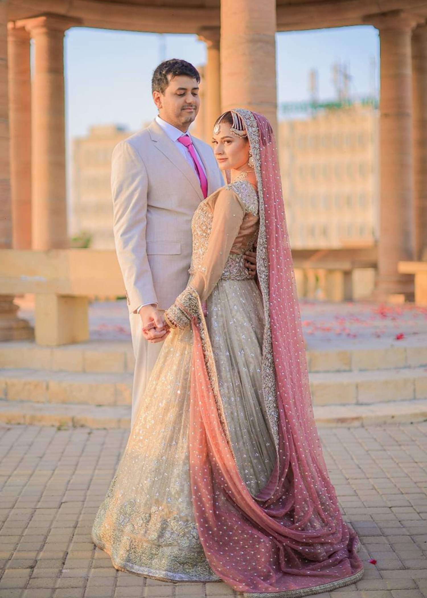 Pakistani Champagne Rose Gold Embellished Silk Bridal Lehenga (3-Piece) - Image 6