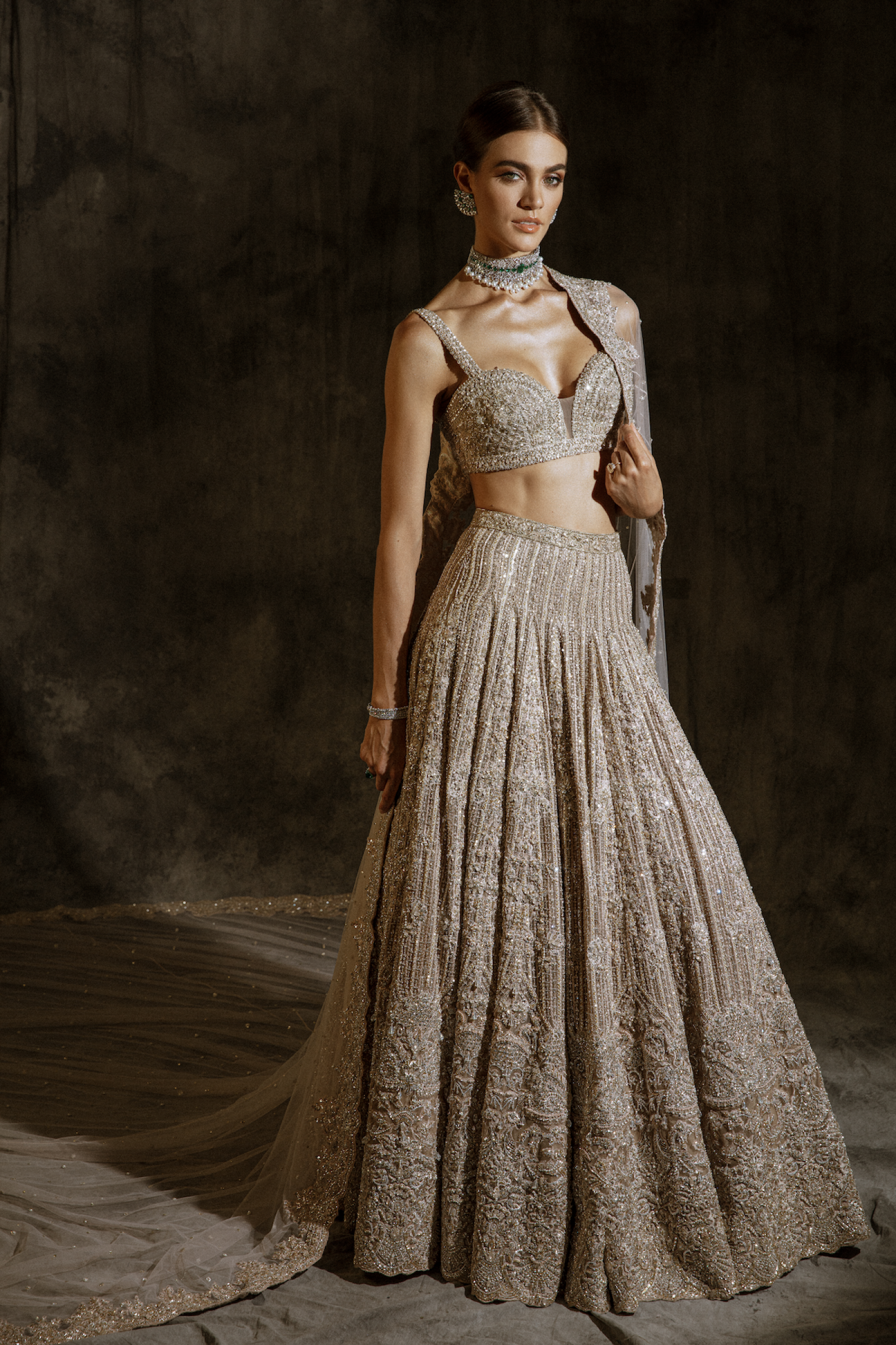 Pakistani Champagne Embroidered Silk-Blend Lehenga Choli (3-Piece) - Image 1