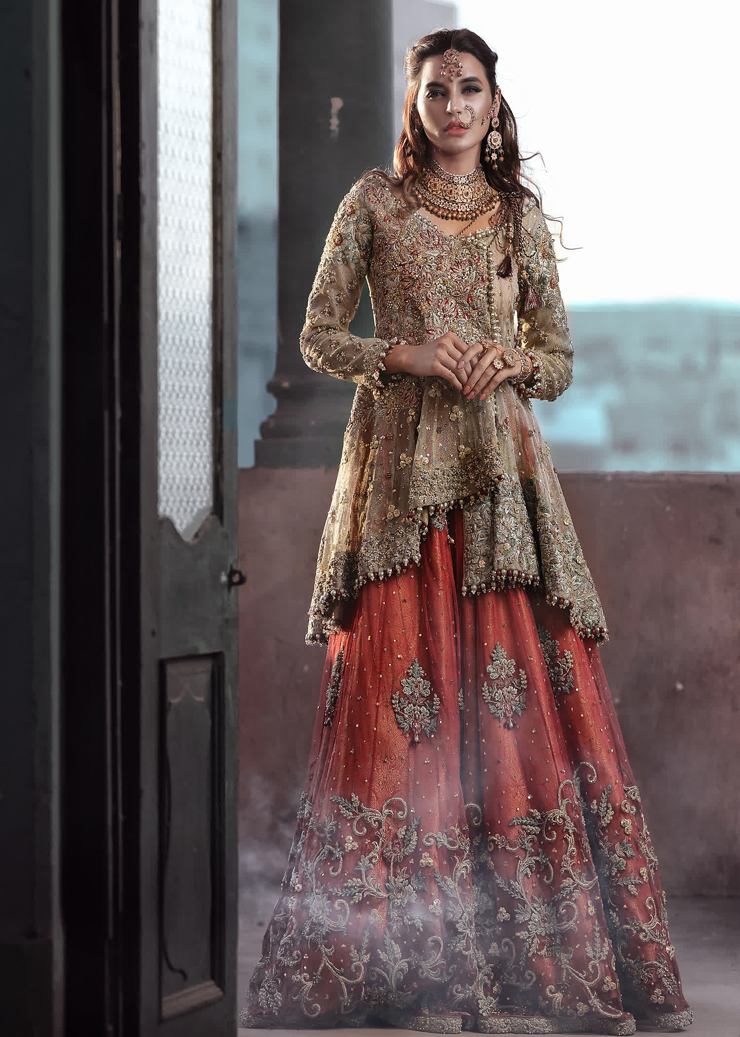 Antique Gold & Deep Red Embellished Net Silk Lehenga (3-Piece) - Image 1