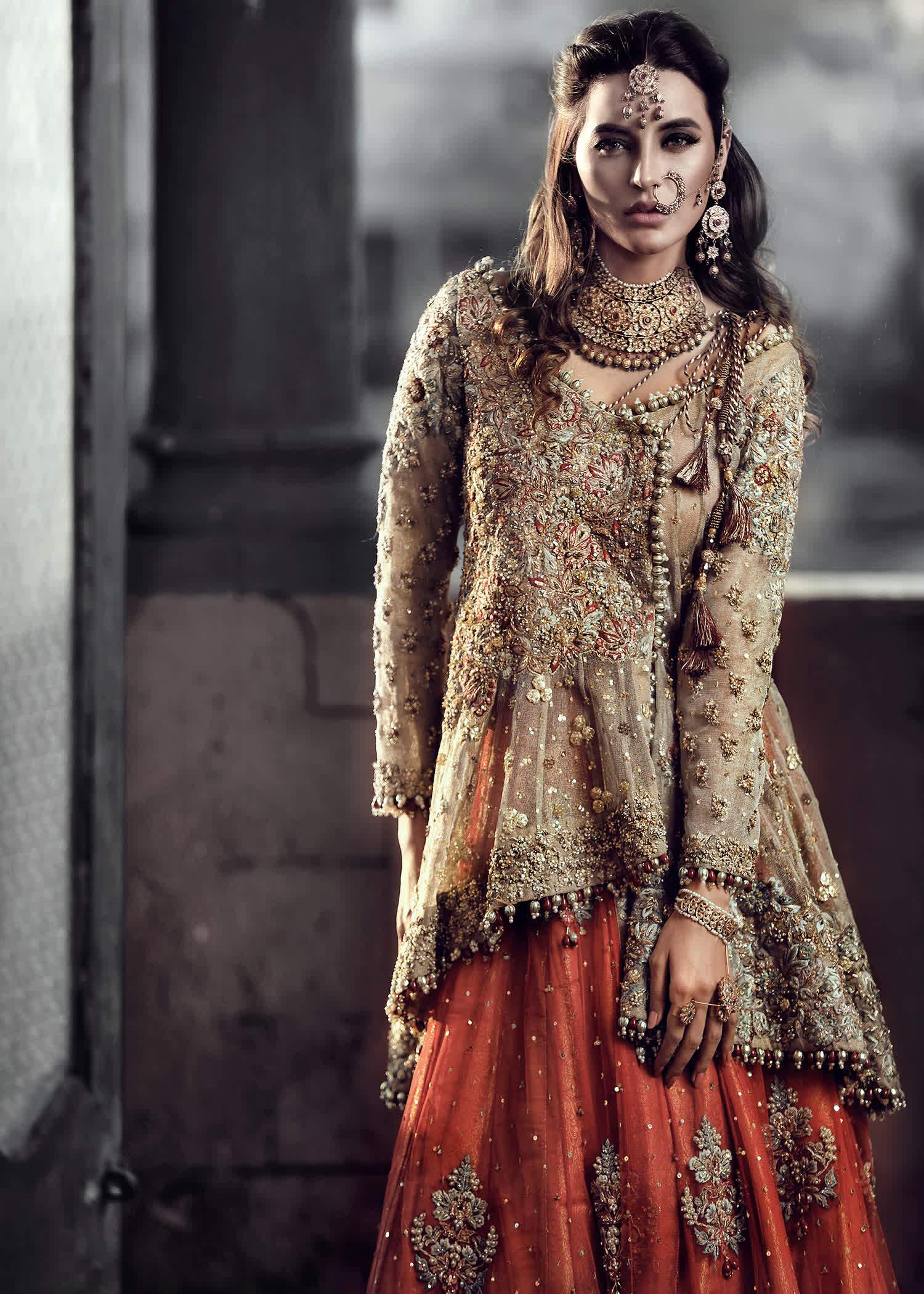 Antique Gold & Deep Red Embellished Net Silk Lehenga (3-Piece) - Image 3