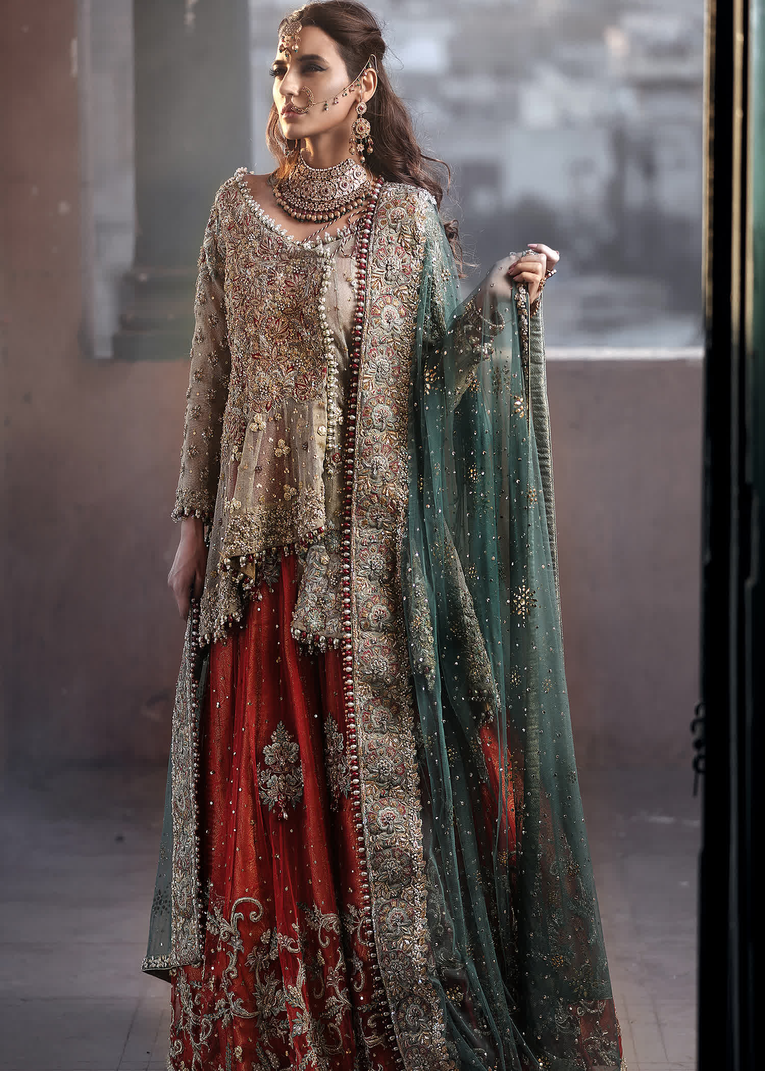 Antique Gold & Deep Red Embellished Net Silk Lehenga (3-Piece) - Image 4