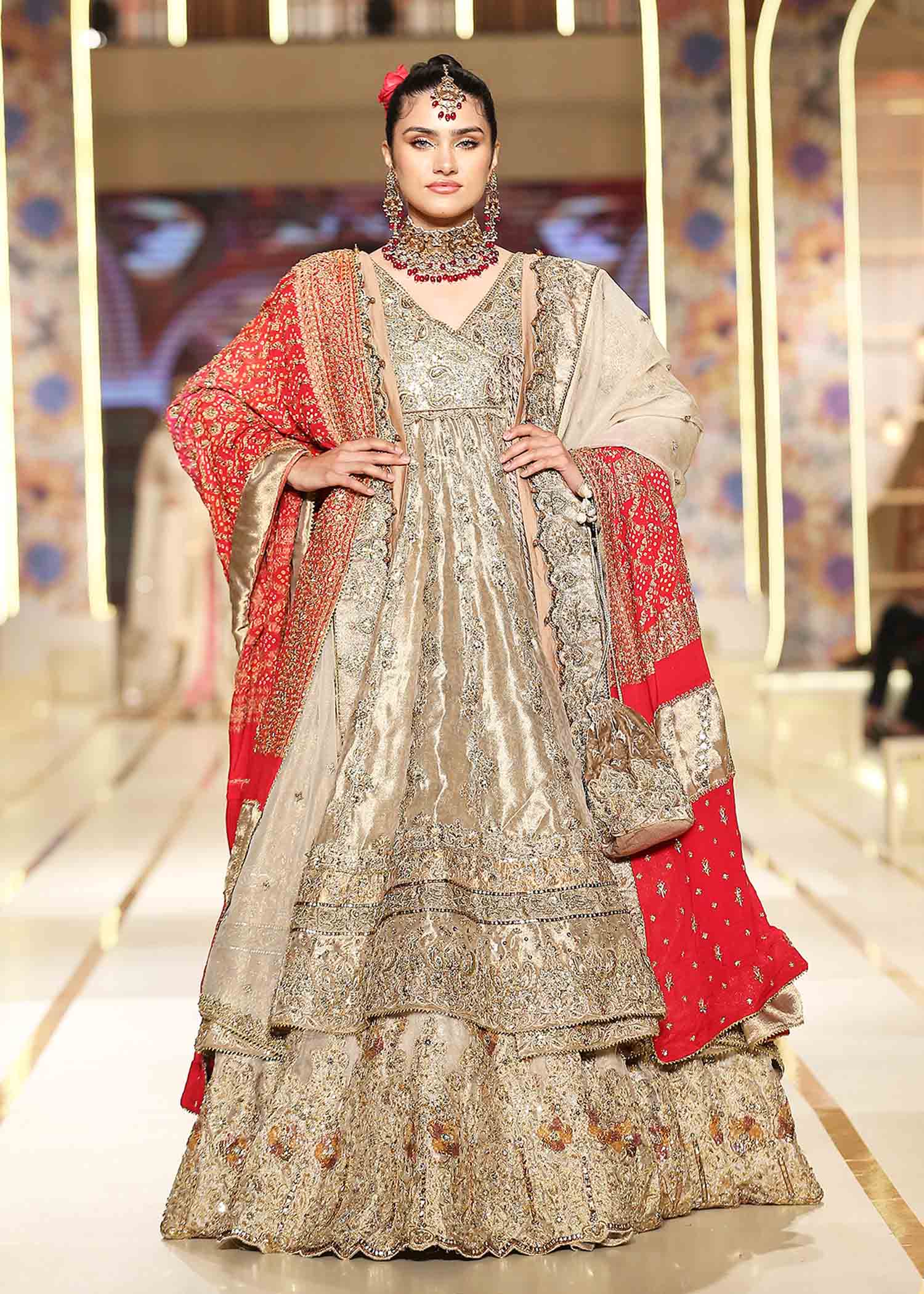 Pakistani Bronze Gold Embellished Silk Meysuri Angrakha Lehenga (3-Piece) - Image 1