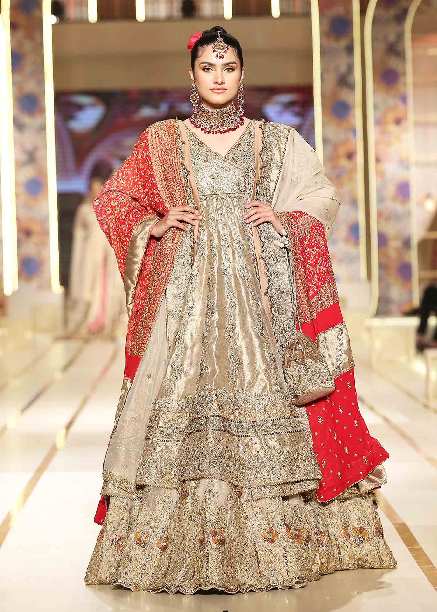 Pakistani Bronze Gold Embellished Silk Meysuri Angrakha Lehenga (3-Piece) - Image 2