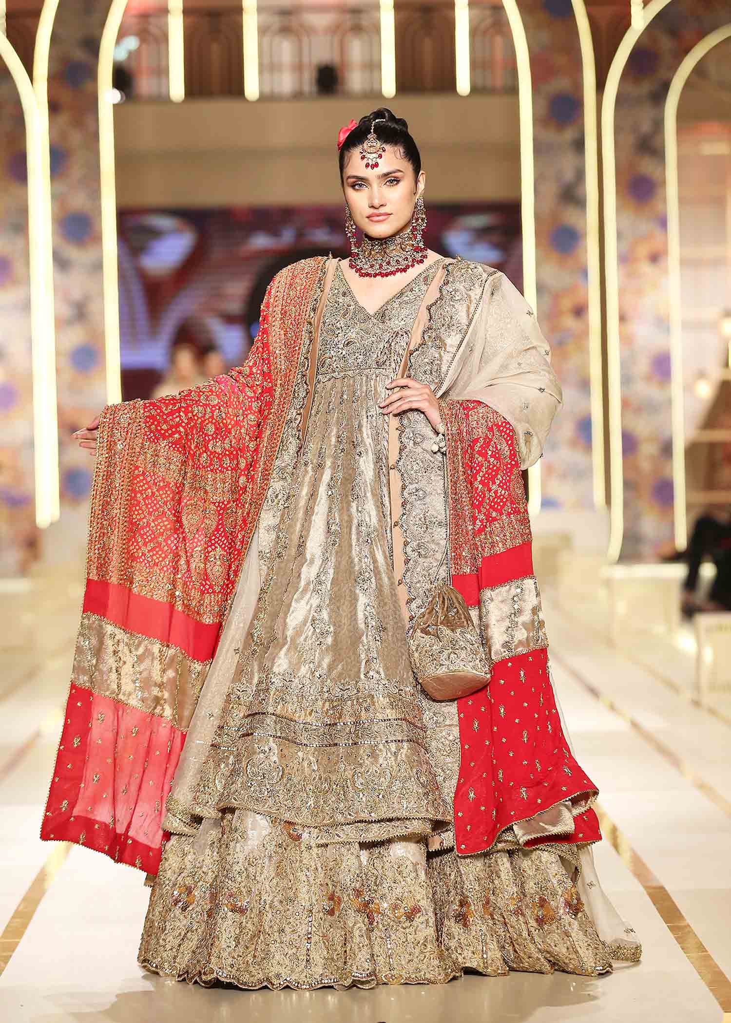 Pakistani Bronze Gold Embellished Silk Meysuri Angrakha Lehenga (3-Piece) - Image 3