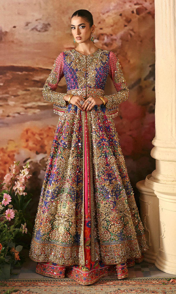 Multicolour Mirror Work Silk Lehenga with Long Jacket (2-Piece) - Image 2