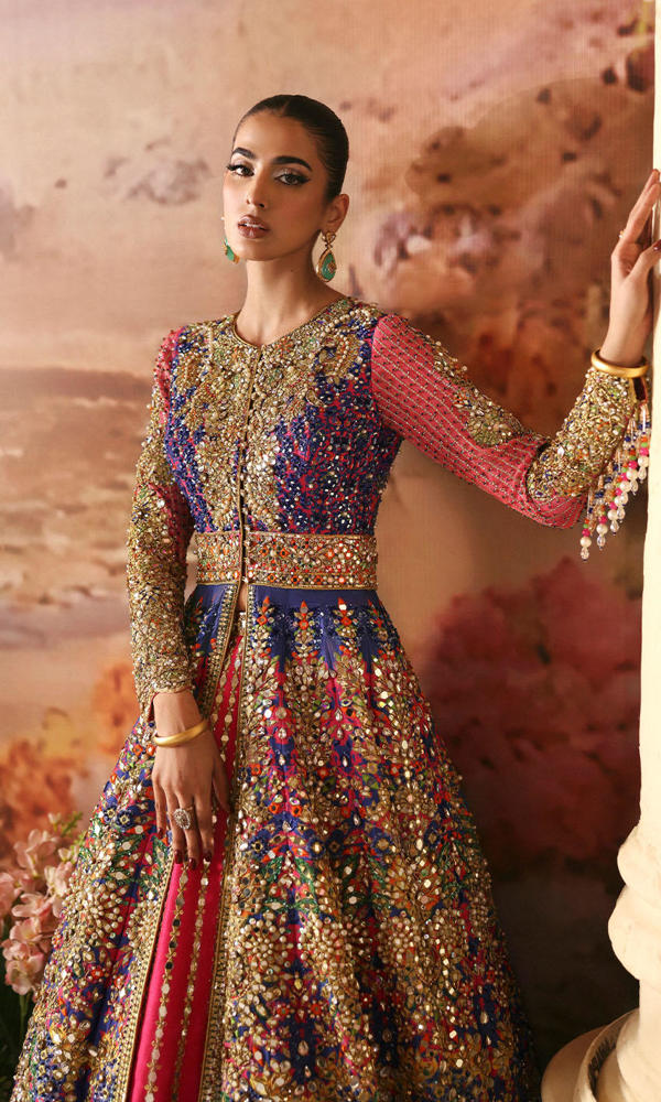 Multicolour Mirror Work Silk Lehenga with Long Jacket (2-Piece) - Image 3