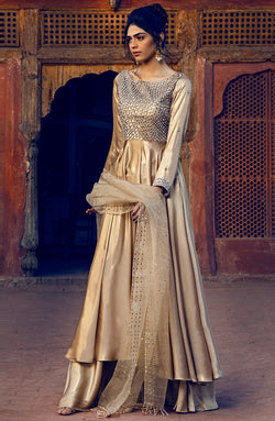 Pakistani Gold Mirrorwork Silk Lehnga Set (3-Piece) - Image 1