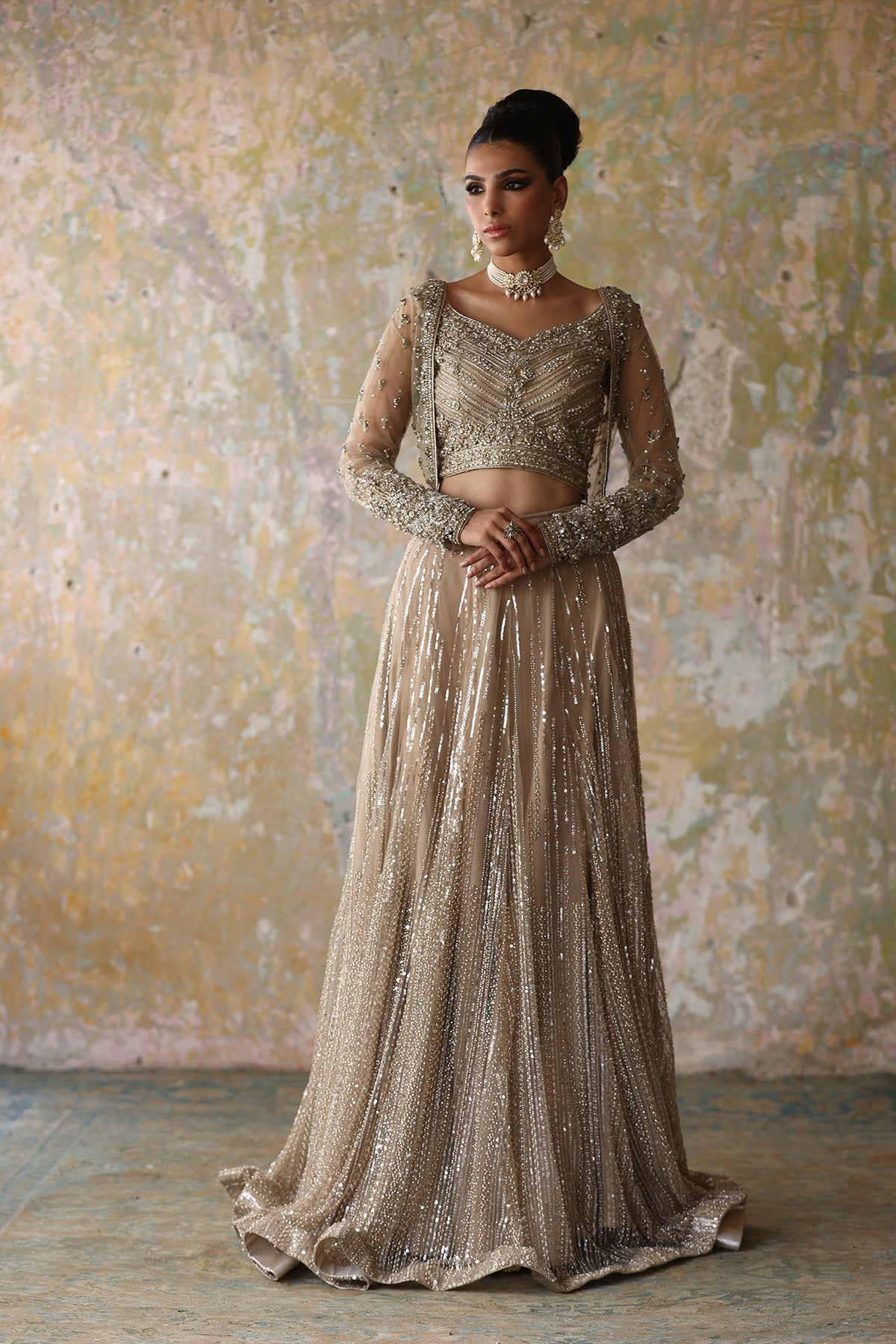 Fawn Gold Embellished Net Silk Lehenga (2-Piece) - Image 1