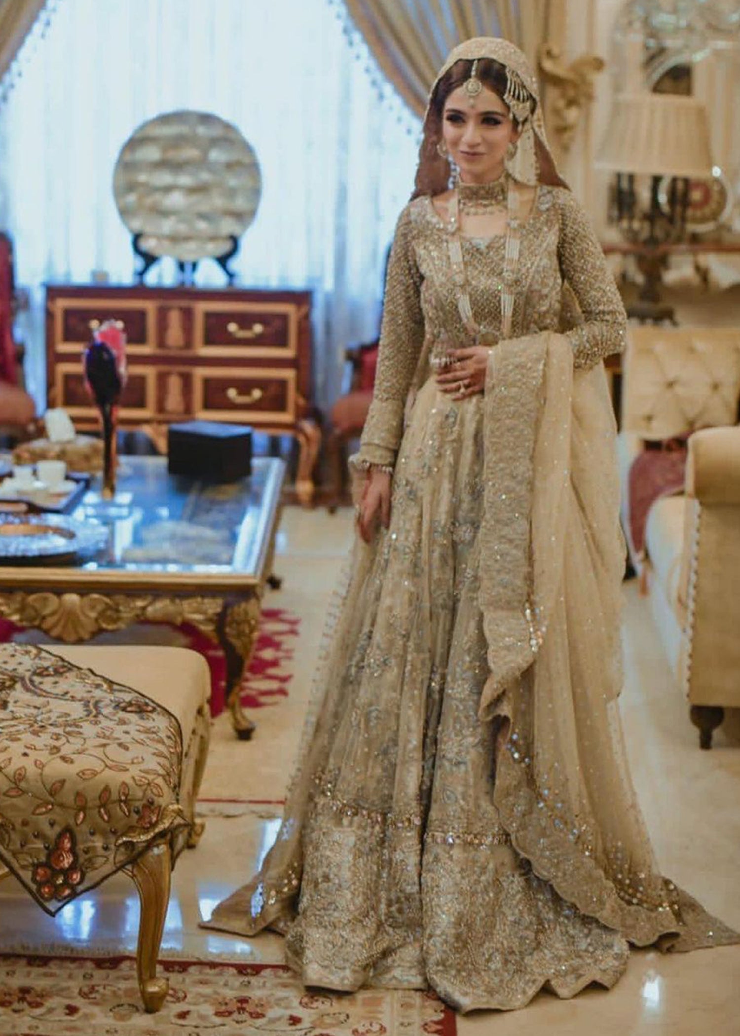 Pakistani Champagne Silver Embellished Silk Organza Bridal Lehenga (3-Piece) - Image 1