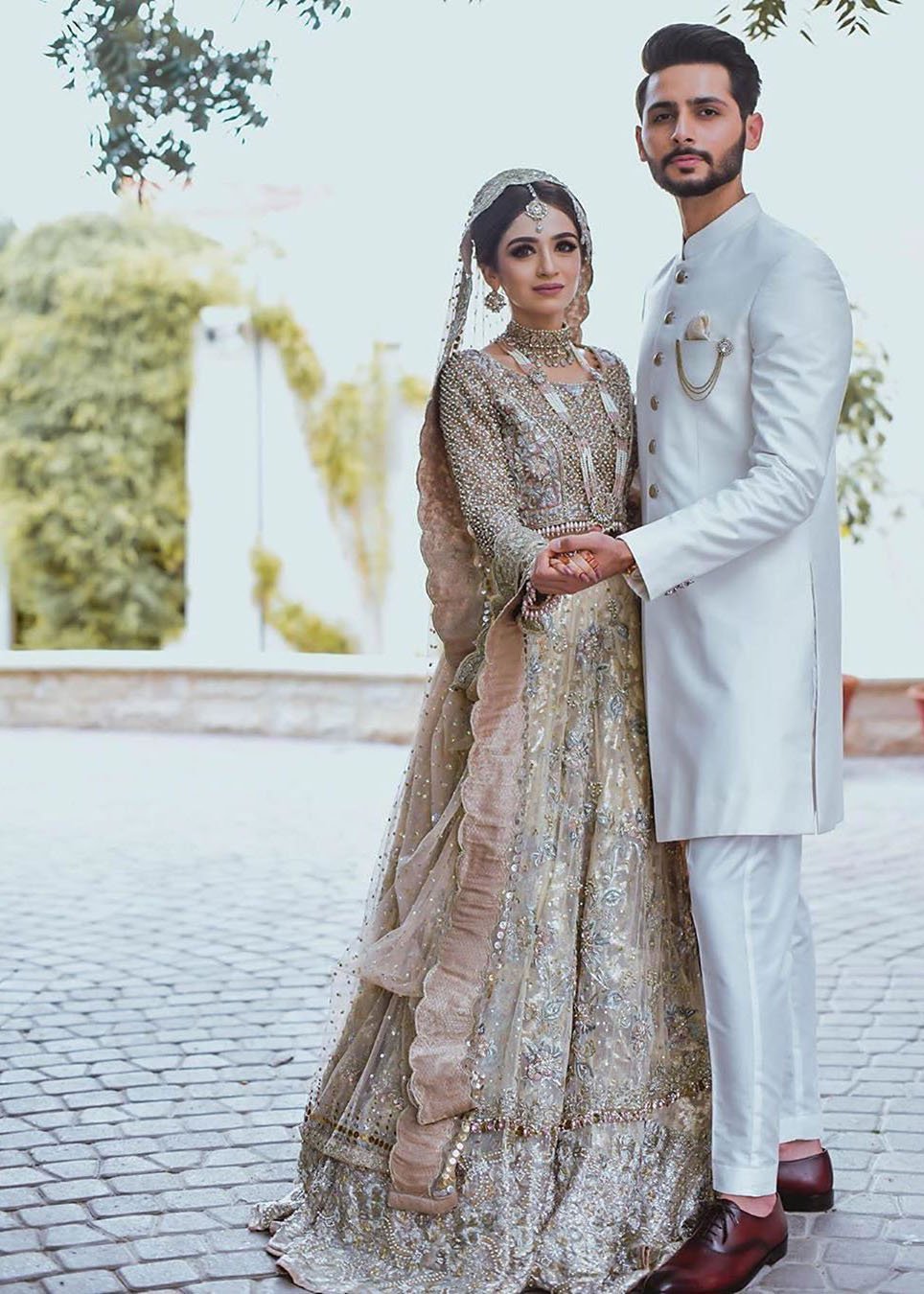 Pakistani Champagne Silver Embellished Silk Organza Bridal Lehenga (3-Piece) - Image 2