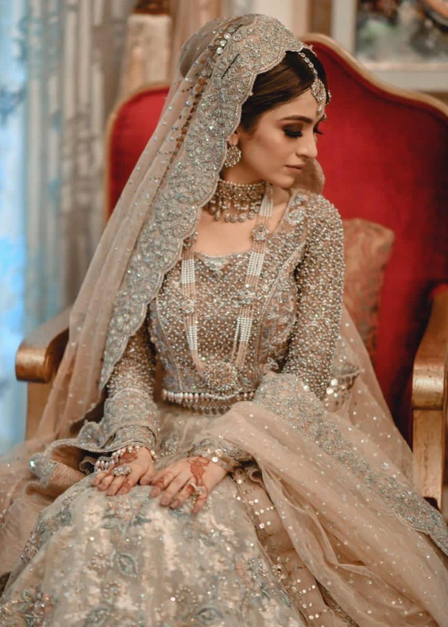 Pakistani Champagne Silver Embellished Silk Organza Bridal Lehenga (3-Piece) - Image 5