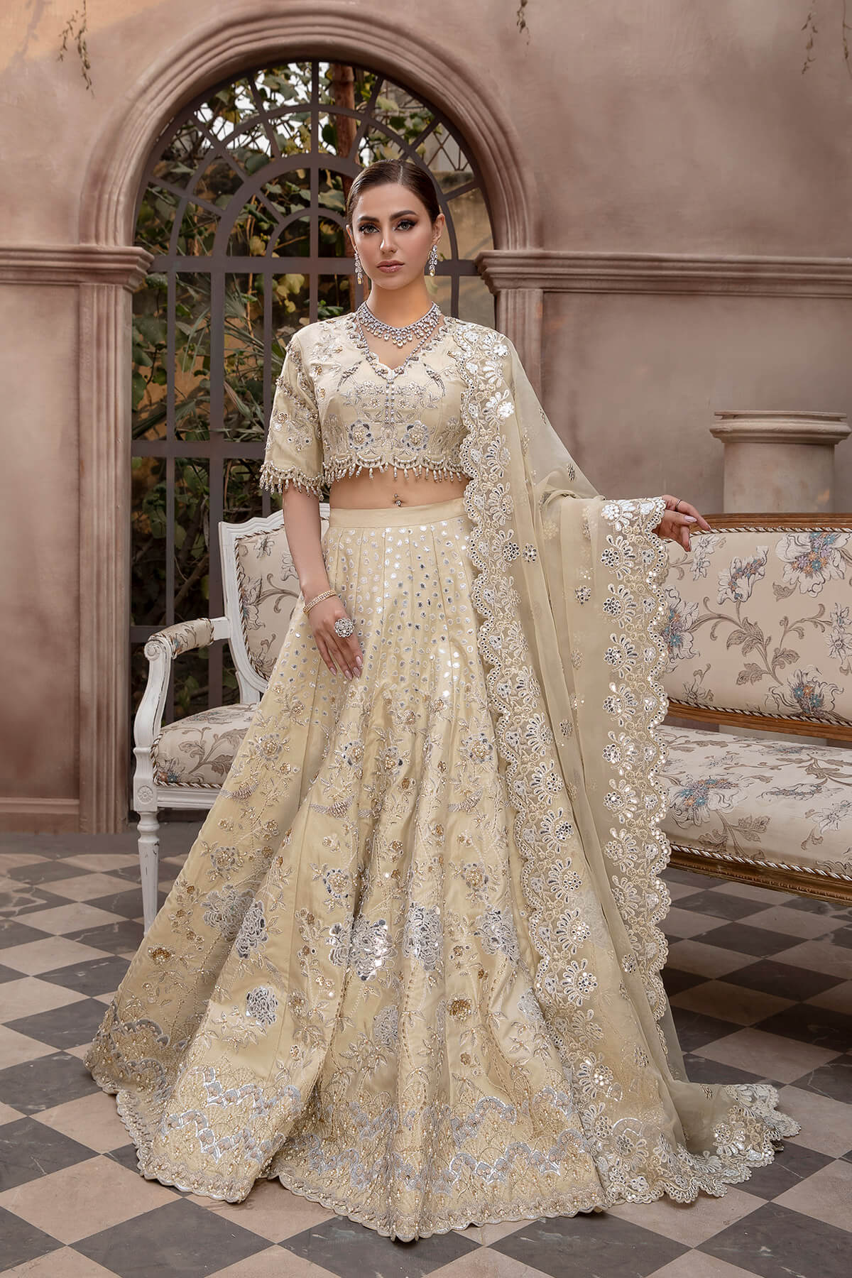 Pakistani Champagne Sheesha & Tilla Silk Organza Lehnga Choli (3-Piece) - Image 1