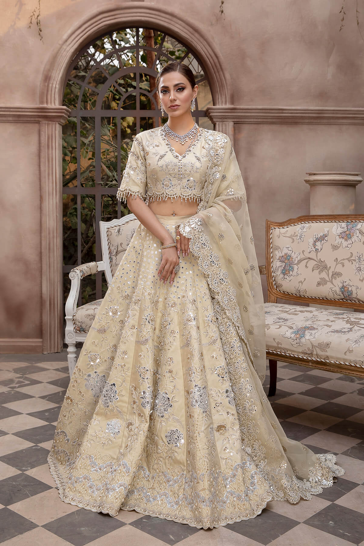 Pakistani Champagne Sheesha & Tilla Silk Organza Lehnga Choli (3-Piece) - Image 2