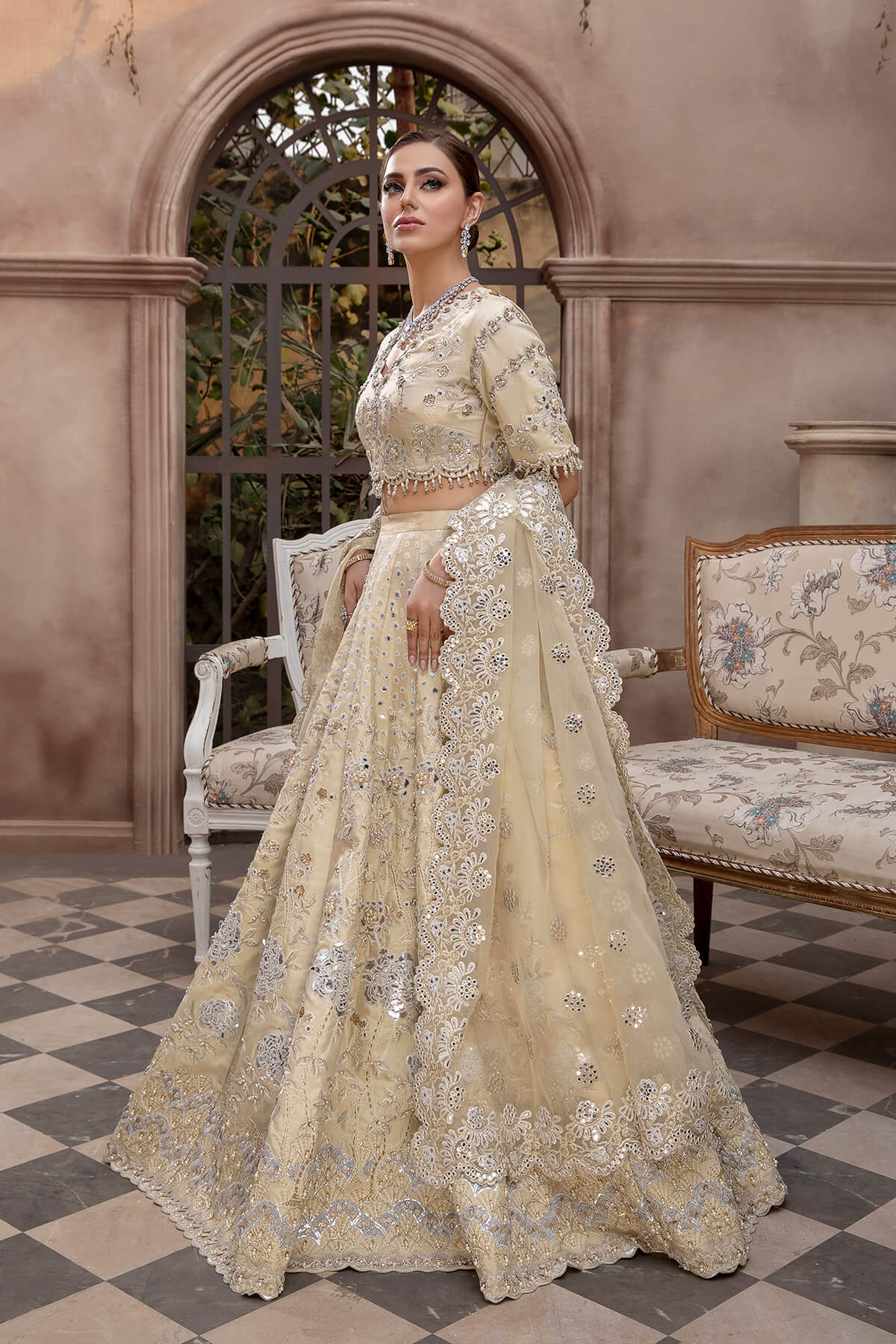 Pakistani Champagne Sheesha & Tilla Silk Organza Lehnga Choli (3-Piece) - Image 3