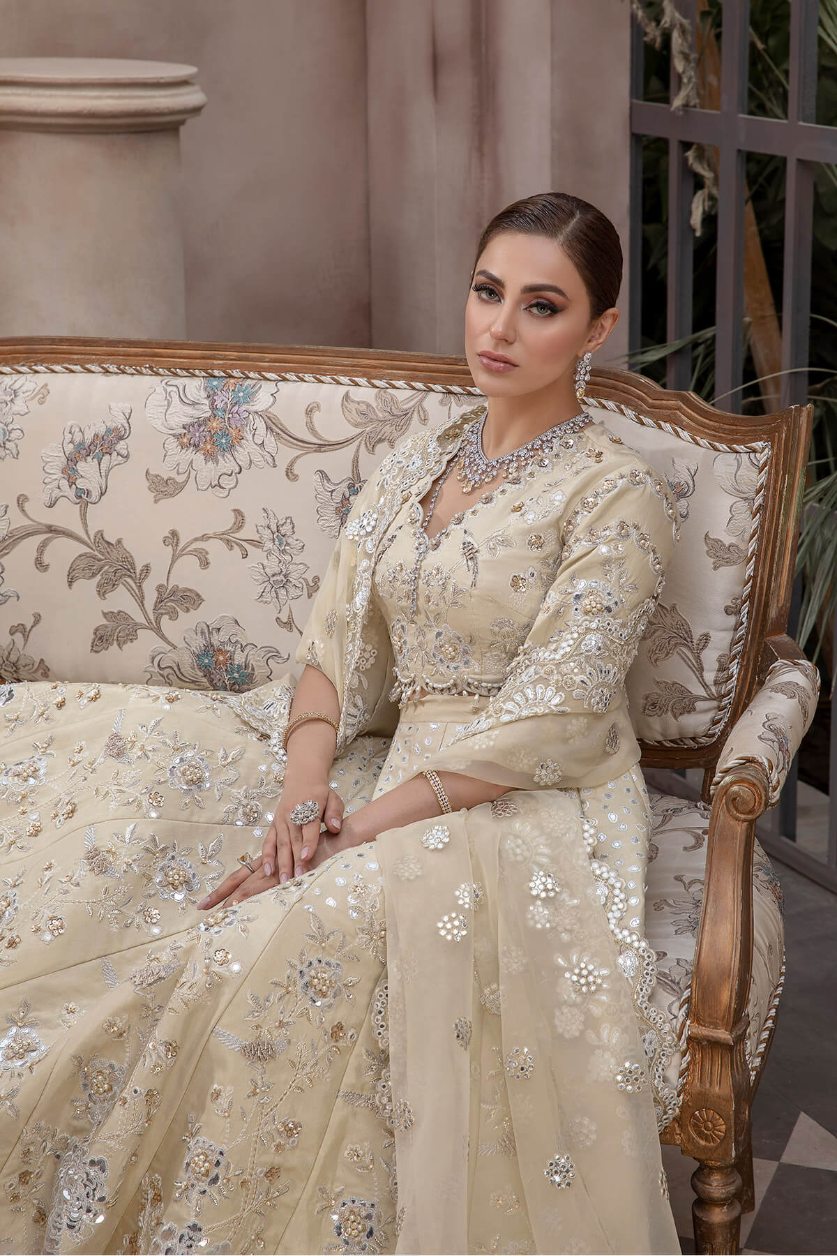 Pakistani Champagne Sheesha & Tilla Silk Organza Lehnga Choli (3-Piece) - Image 5