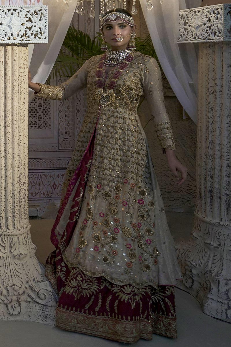 Pakistani Gold Resham Dubka Jacket with Maroon Silk Lehenga (2-Piece) - Image 1