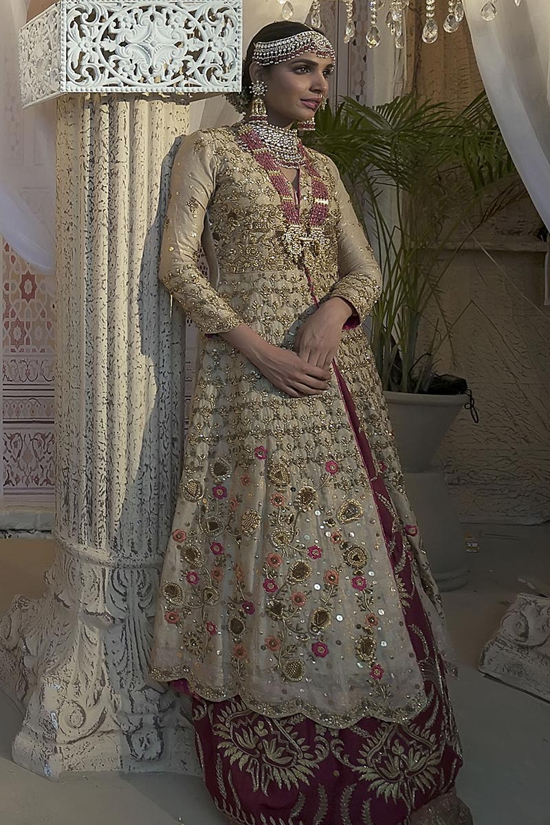 Pakistani Gold Resham Dubka Jacket with Maroon Silk Lehenga (2-Piece) - Image 2