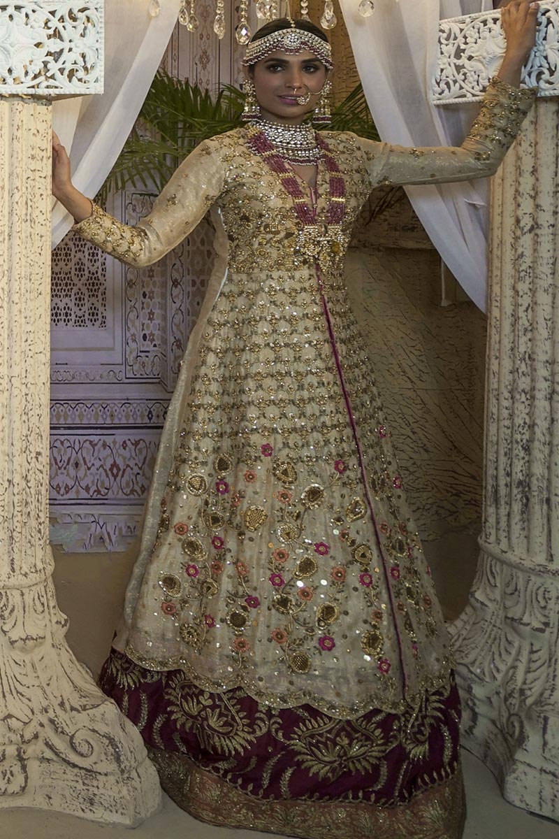 Pakistani Gold Resham Dubka Jacket with Maroon Silk Lehenga (2-Piece) - Image 3