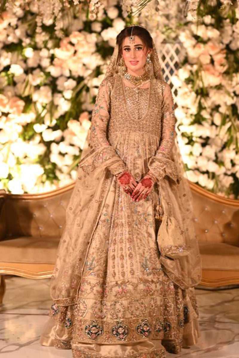 Pakistani Champagne Gold Embellished Silk Bridal Lehenga (3-Piece) - Image 1