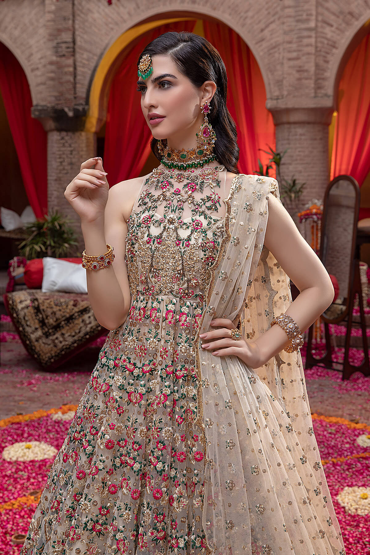 Champagne Embellished Silk Net Organza Jacquard Lehenga (3-Piece) - Image 3