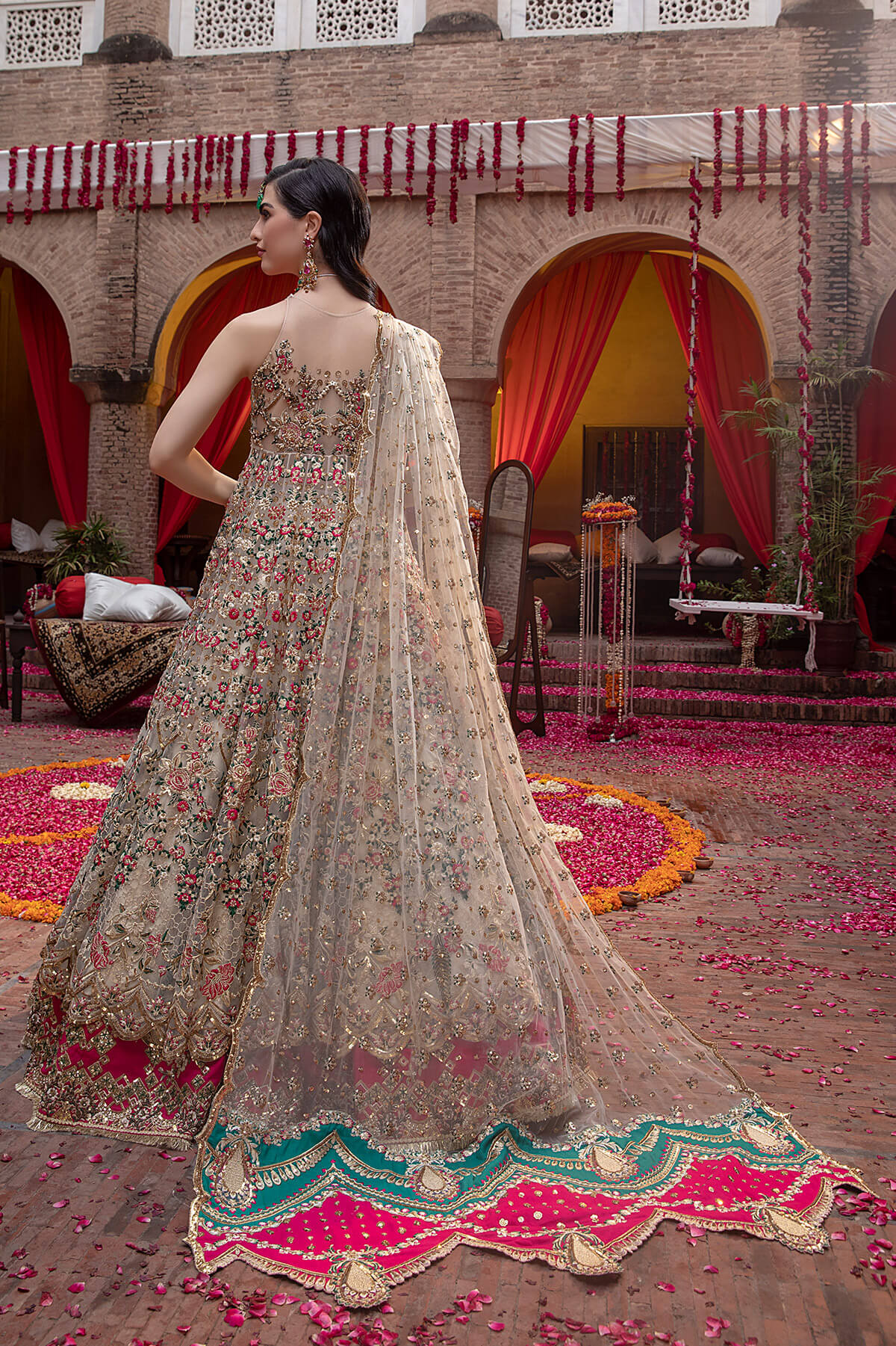 Champagne Embellished Silk Net Organza Jacquard Lehenga (3-Piece) - Image 4
