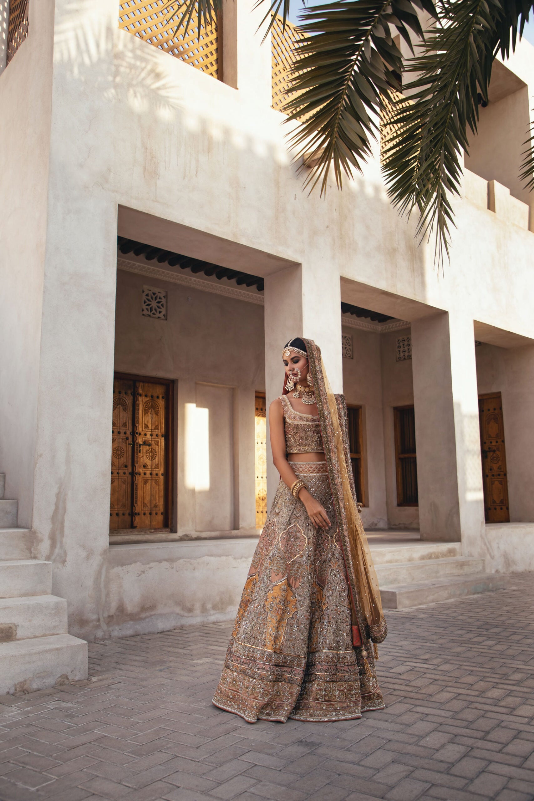 Ochre Hand-Embellished Silk/Satin Lehenga Choli (3-Piece) - Image 2