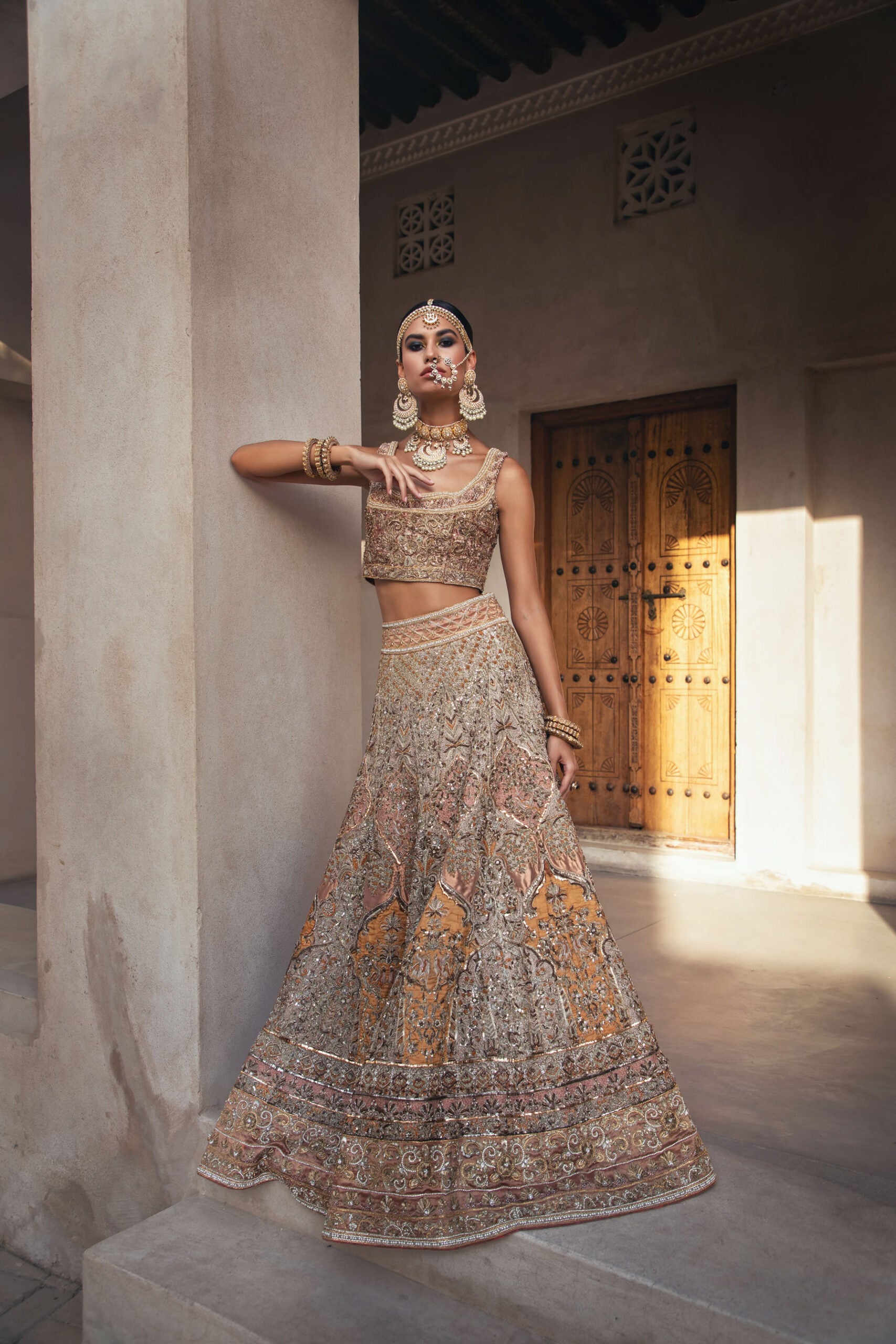 Ochre Hand-Embellished Silk/Satin Lehenga Choli (3-Piece) - Image 3