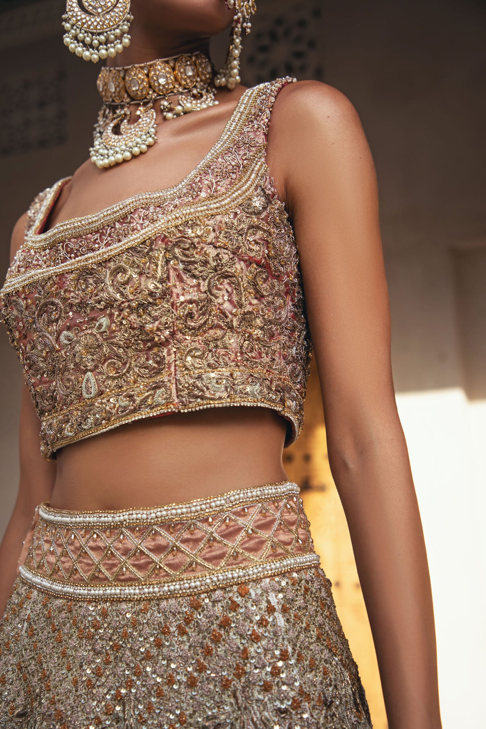 Ochre Hand-Embellished Silk/Satin Lehenga Choli (3-Piece) - Image 4