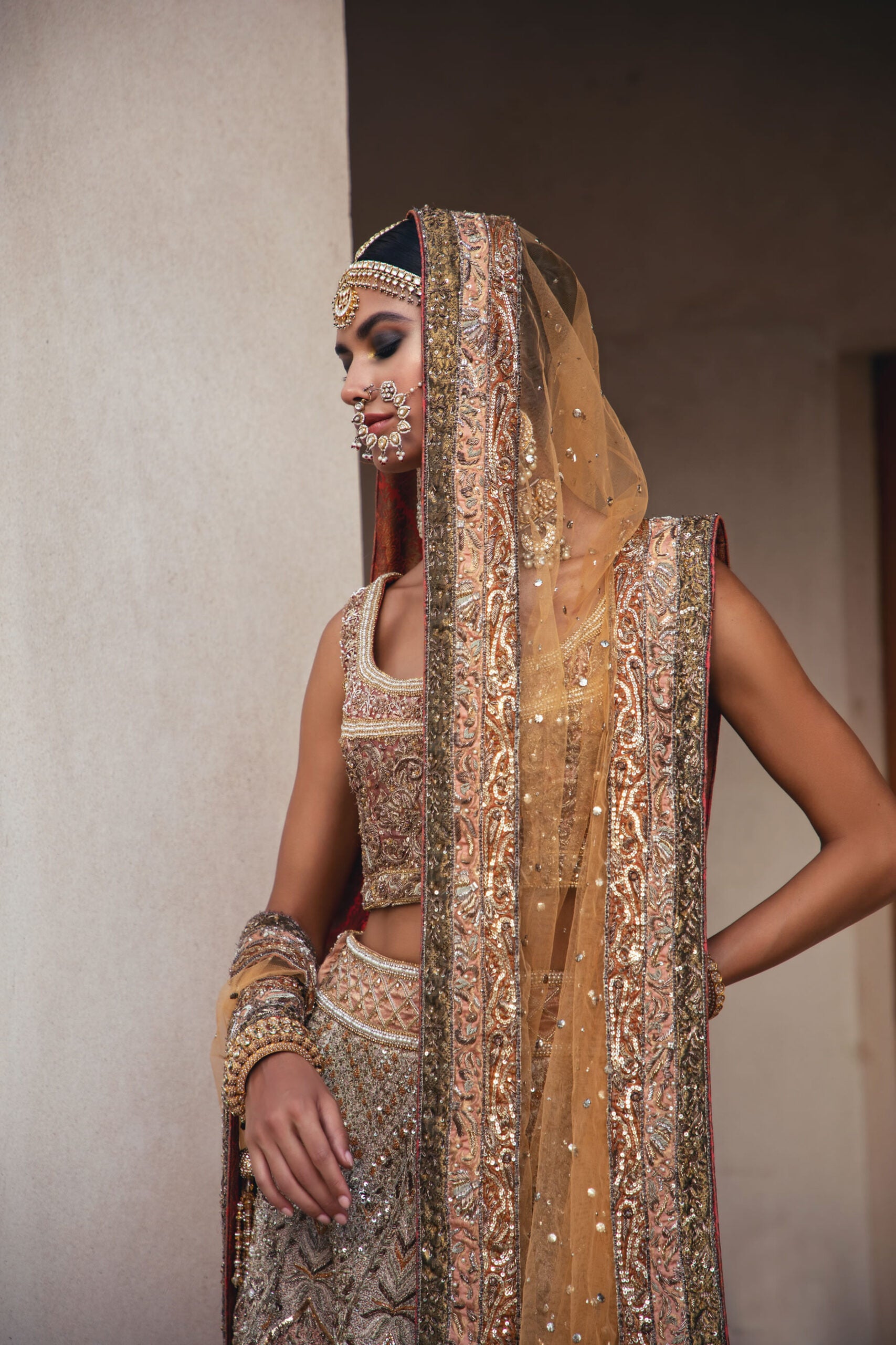 Ochre Hand-Embellished Silk/Satin Lehenga Choli (3-Piece) - Image 5