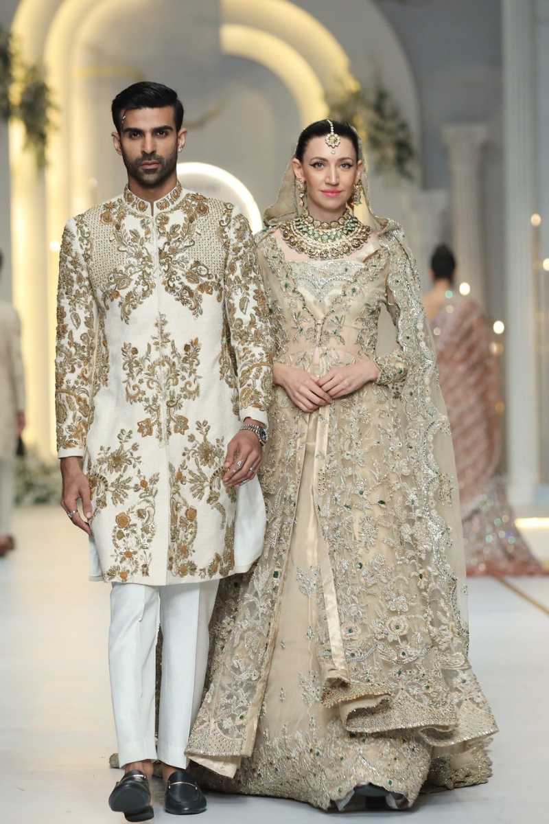 Pakistani Champagne Embellished Net Silk-Satin Bridal Lehenga (3-Piece) - Image 1