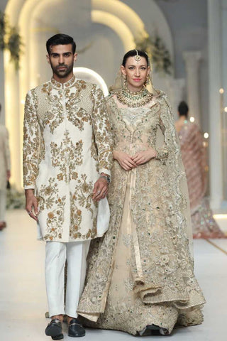 Pakistani Champagne Embellished Net Silk-Satin Bridal Lehenga (3-Piece) - Image 2