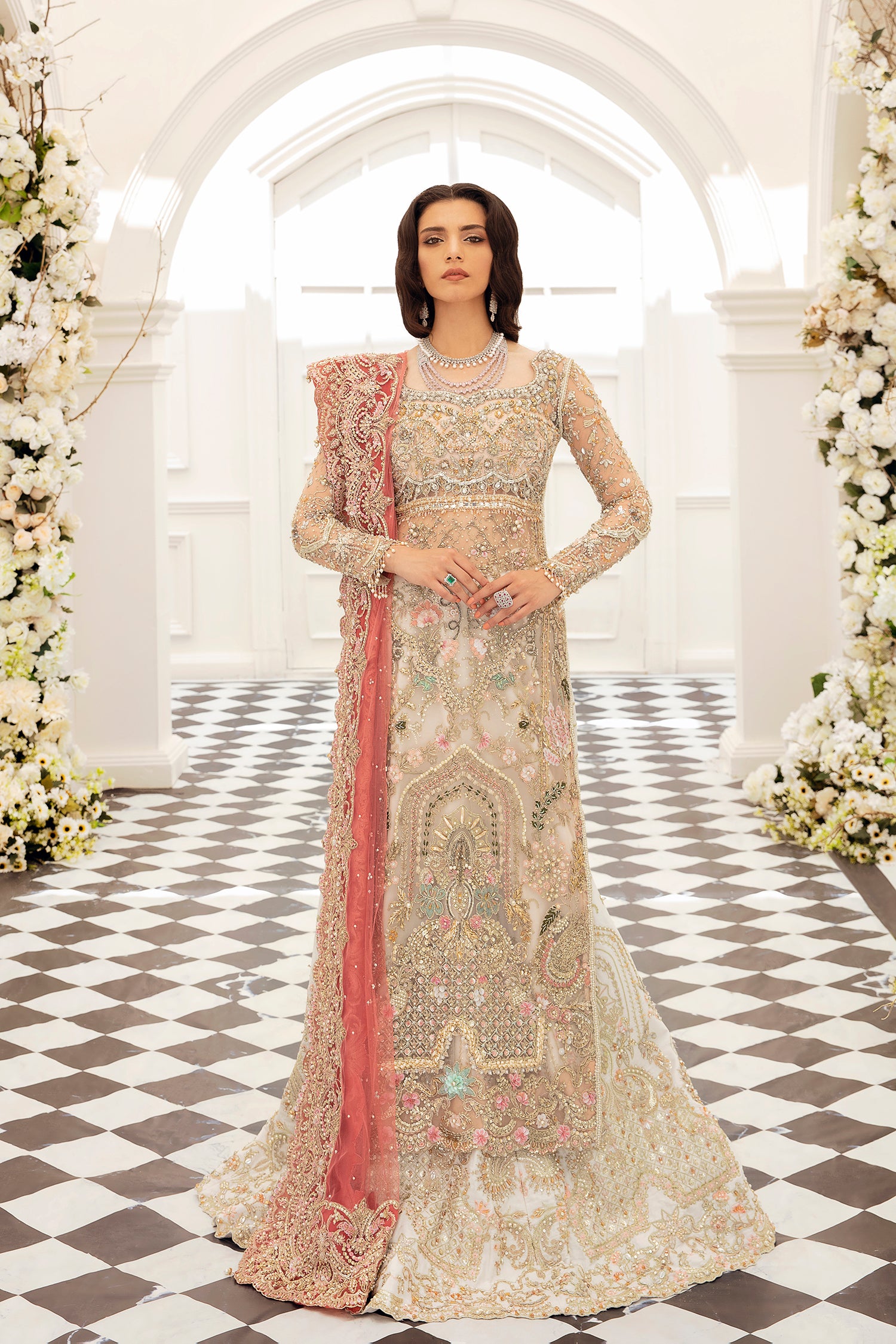 Champagne Rose Gold Embellished Net Silk Bridal Lehenga (4-Piece) - Image 1