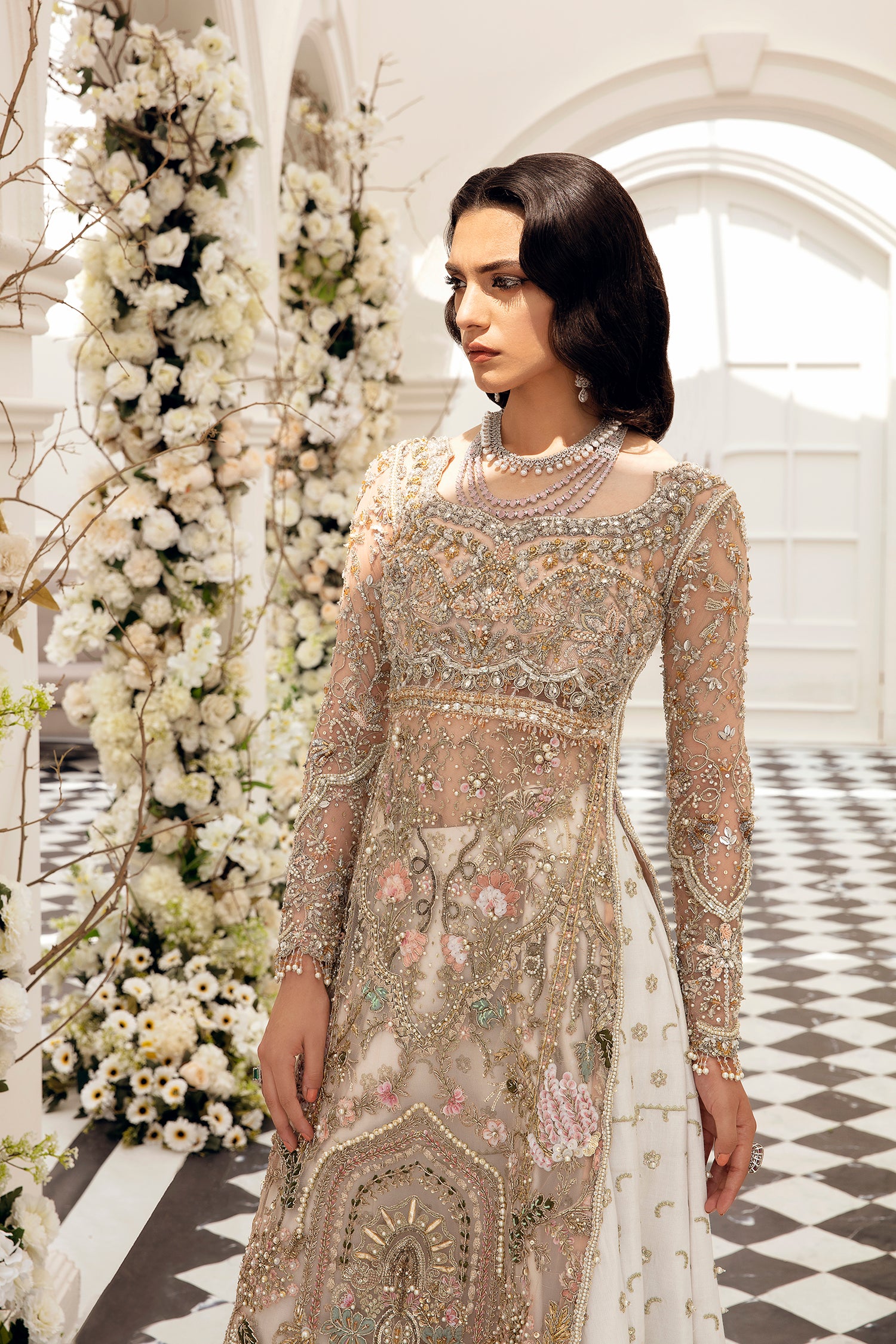 Champagne Rose Gold Embellished Net Silk Bridal Lehenga (4-Piece) - Image 2