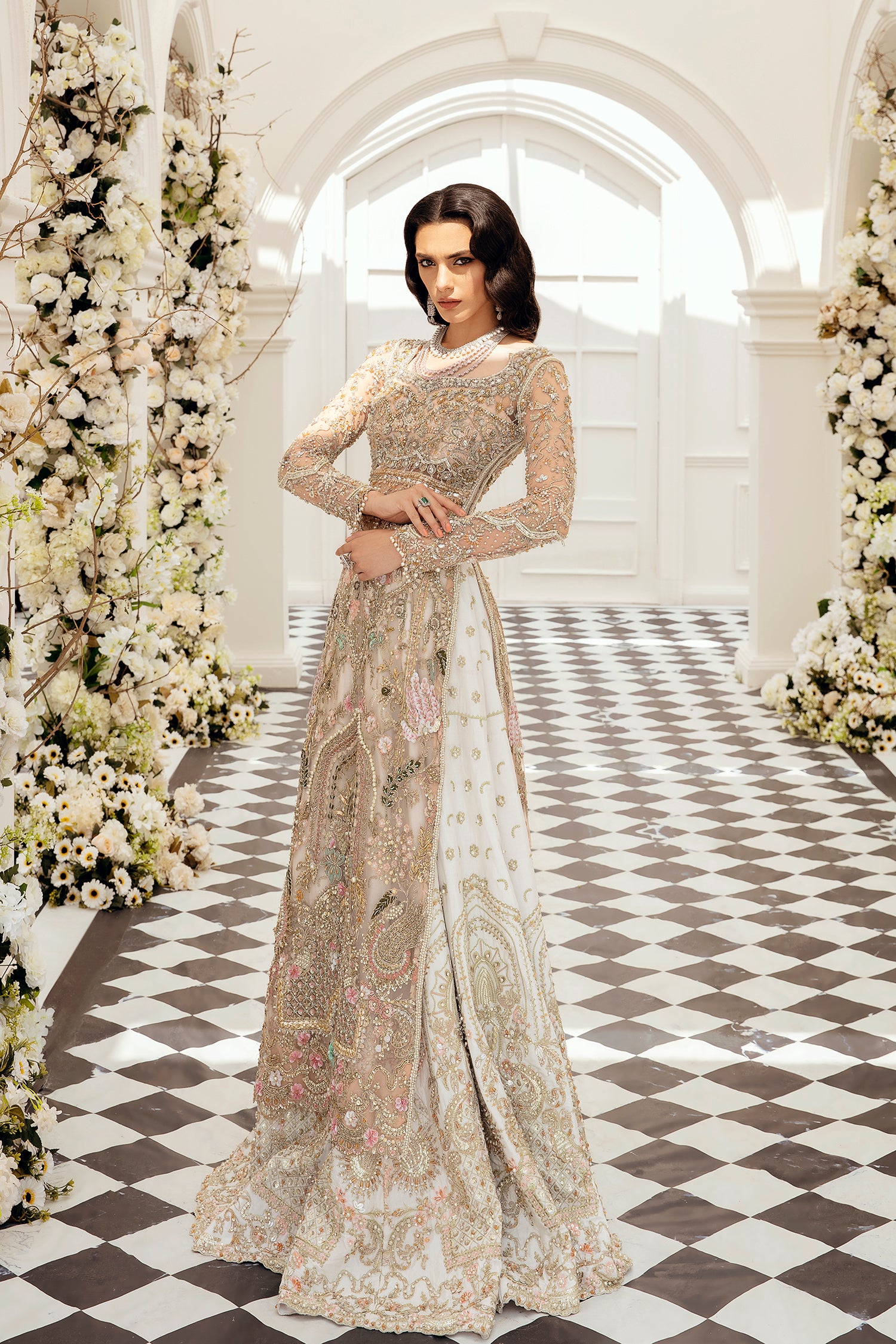 Champagne Rose Gold Embellished Net Silk Bridal Lehenga (4-Piece) - Image 3