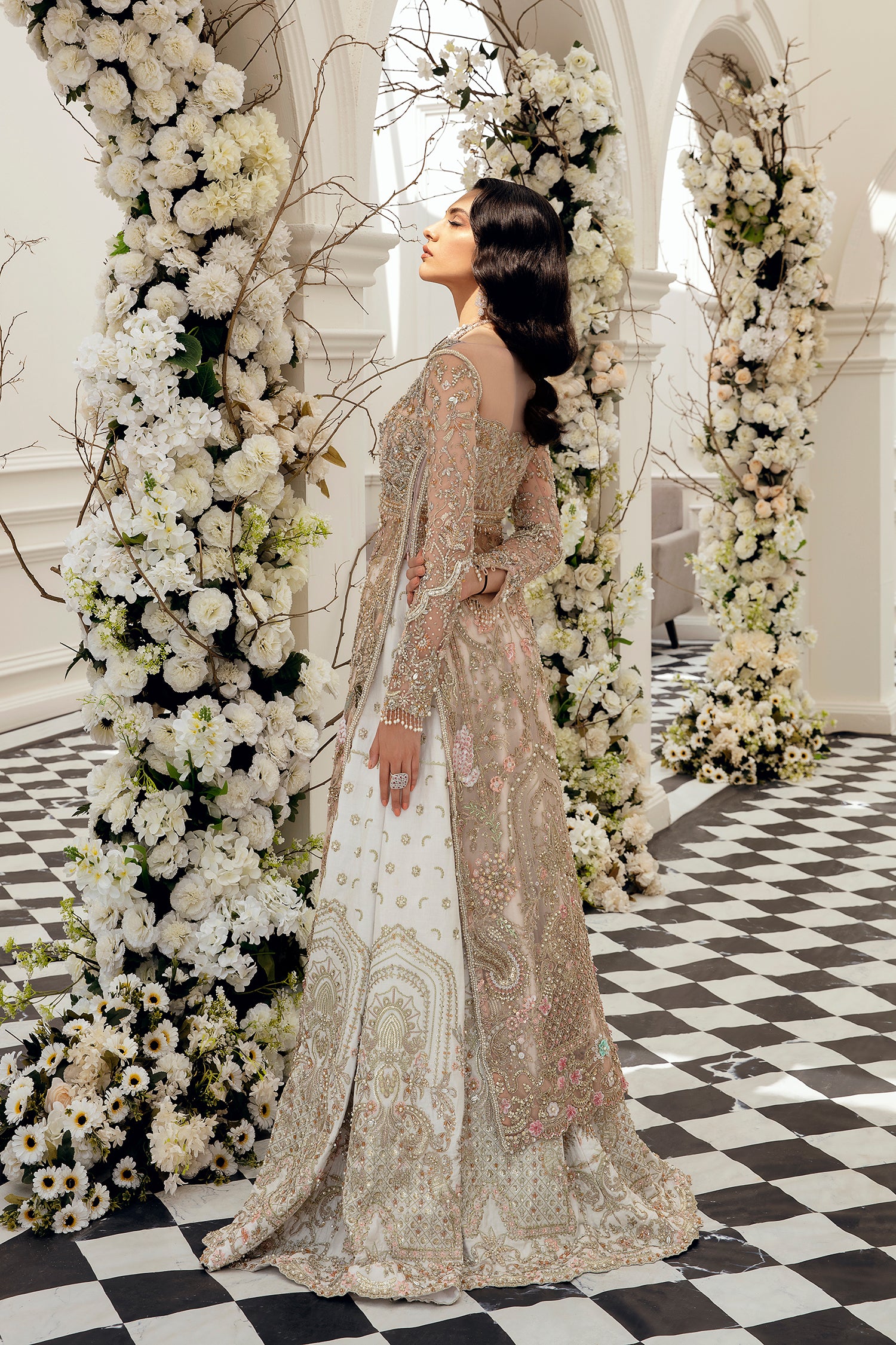 Champagne Rose Gold Embellished Net Silk Bridal Lehenga (4-Piece) - Image 4