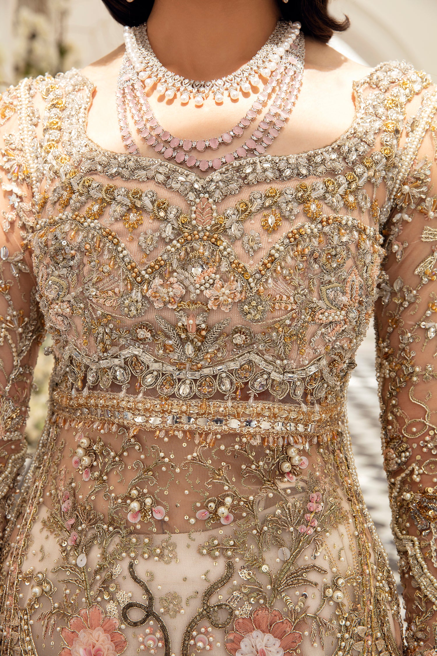 Champagne Rose Gold Embellished Net Silk Bridal Lehenga (4-Piece) - Image 5