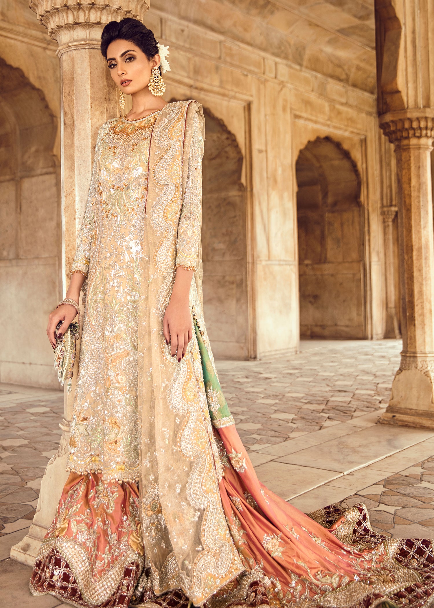 Pakistani Gold and Peach Embellished Bridal Lehenga (3-Piece) - Image 1