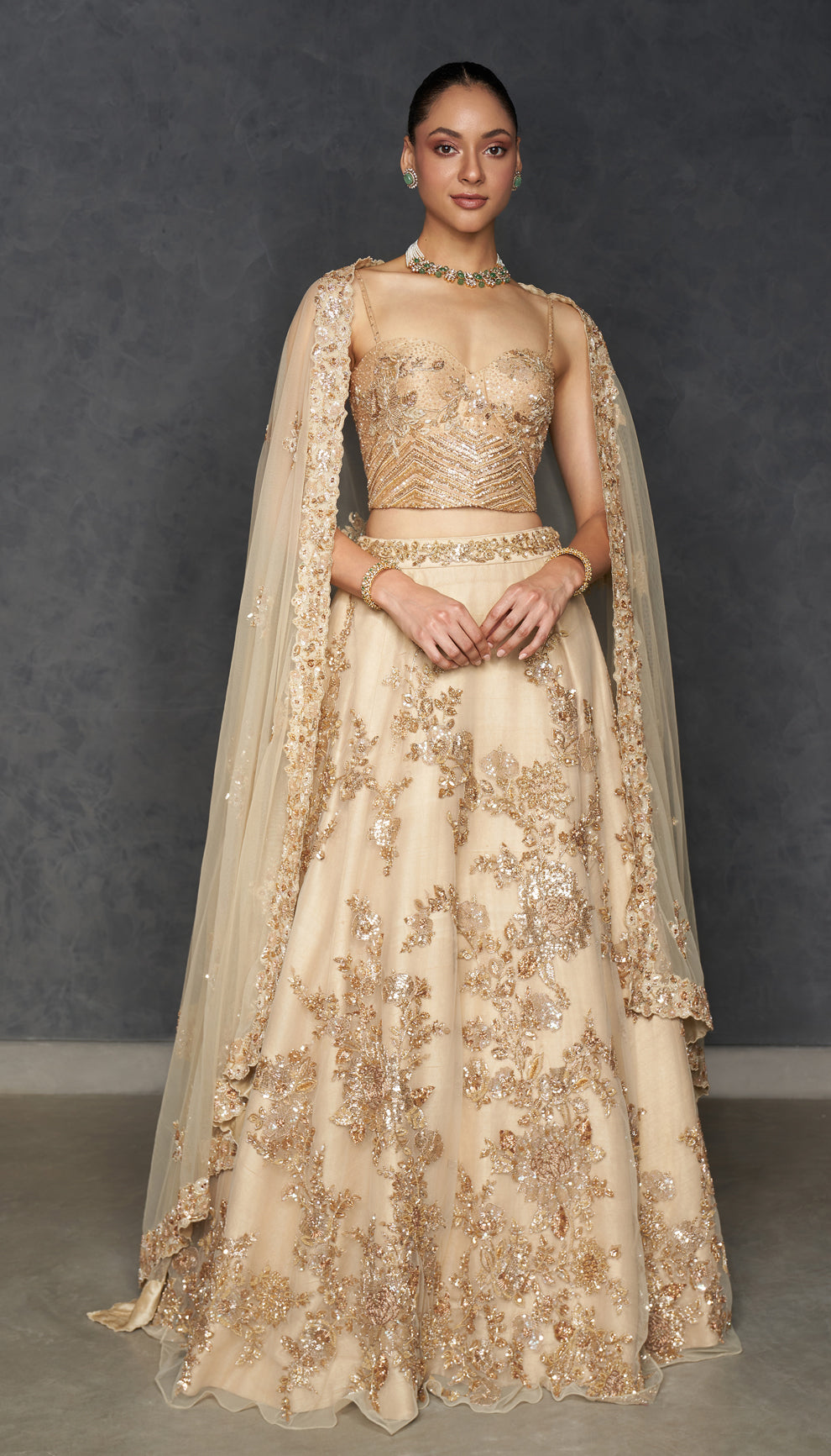 Indian Champagne Embellished Silk-Blend Lehenga (3-Piece) - Image 1