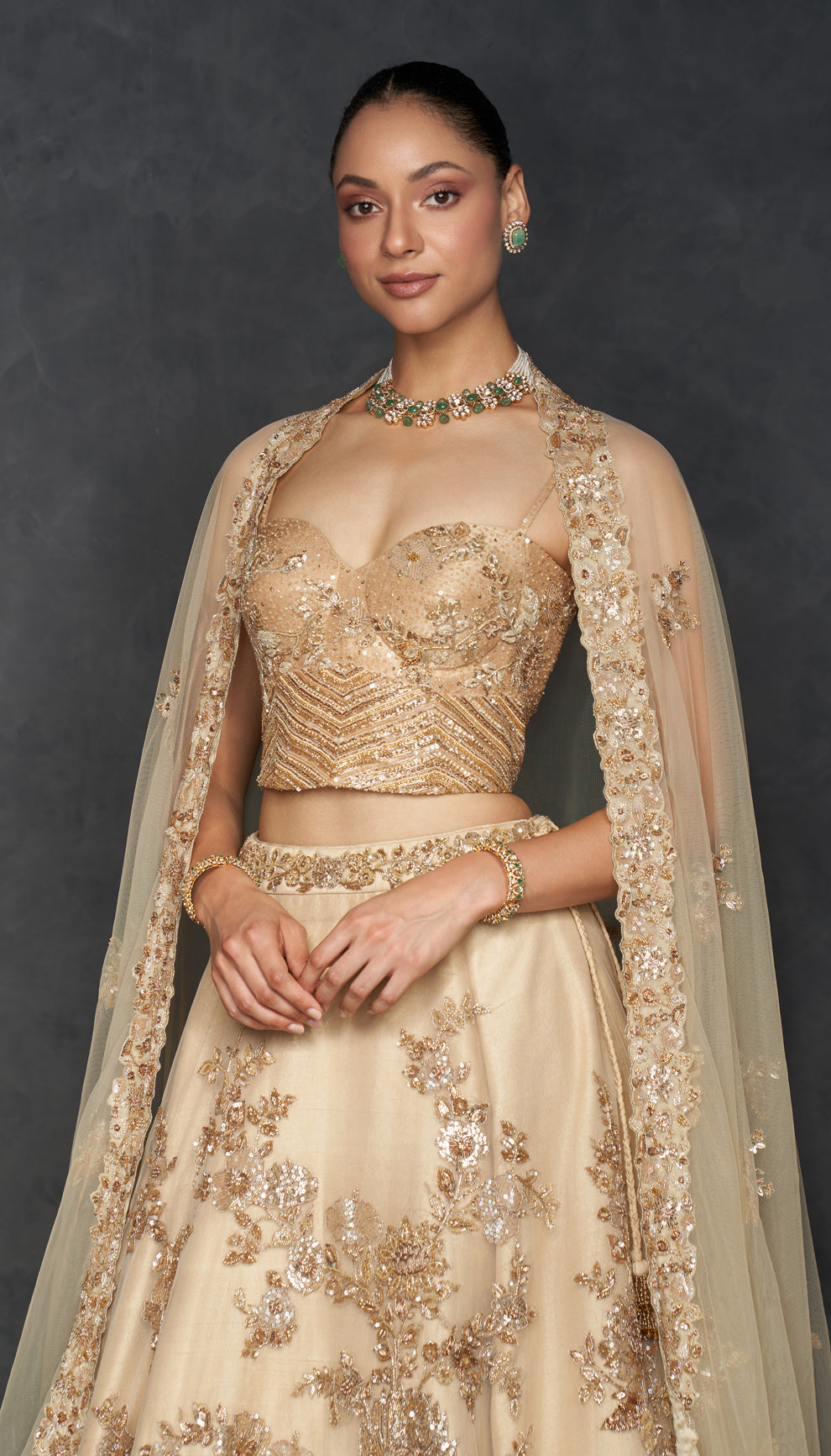 Indian Champagne Embellished Silk-Blend Lehenga (3-Piece) - Image 2