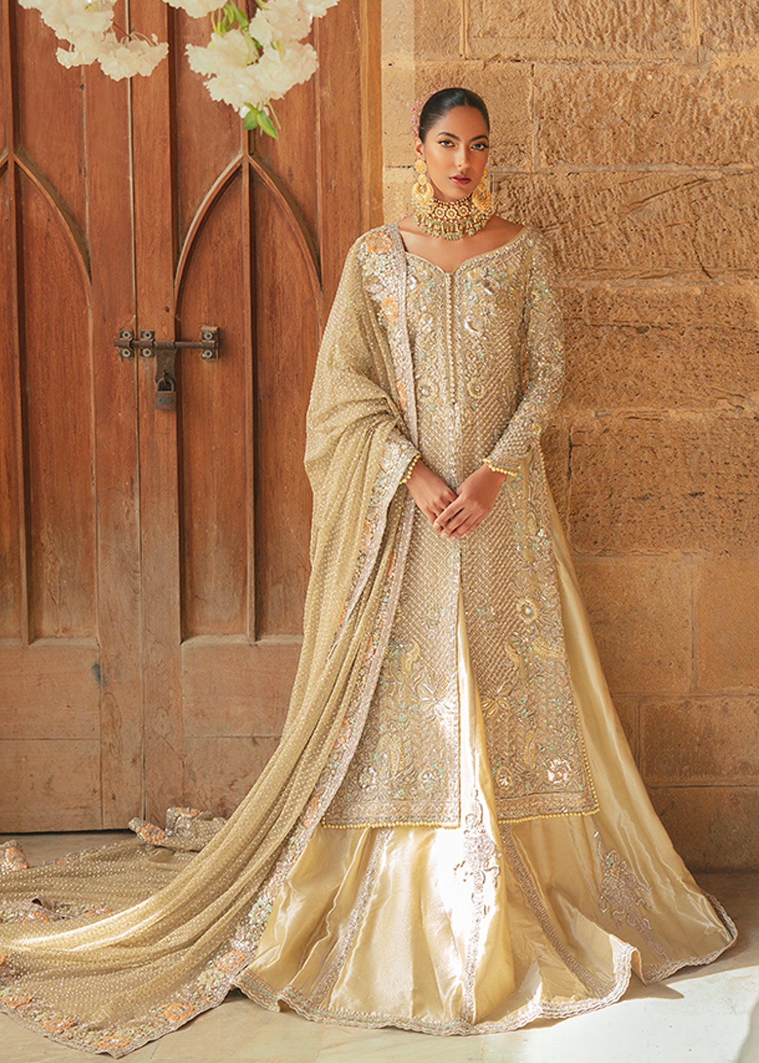 Lime Gold Embellished Silk Lehenga Gown (3-Piece) - Image 1