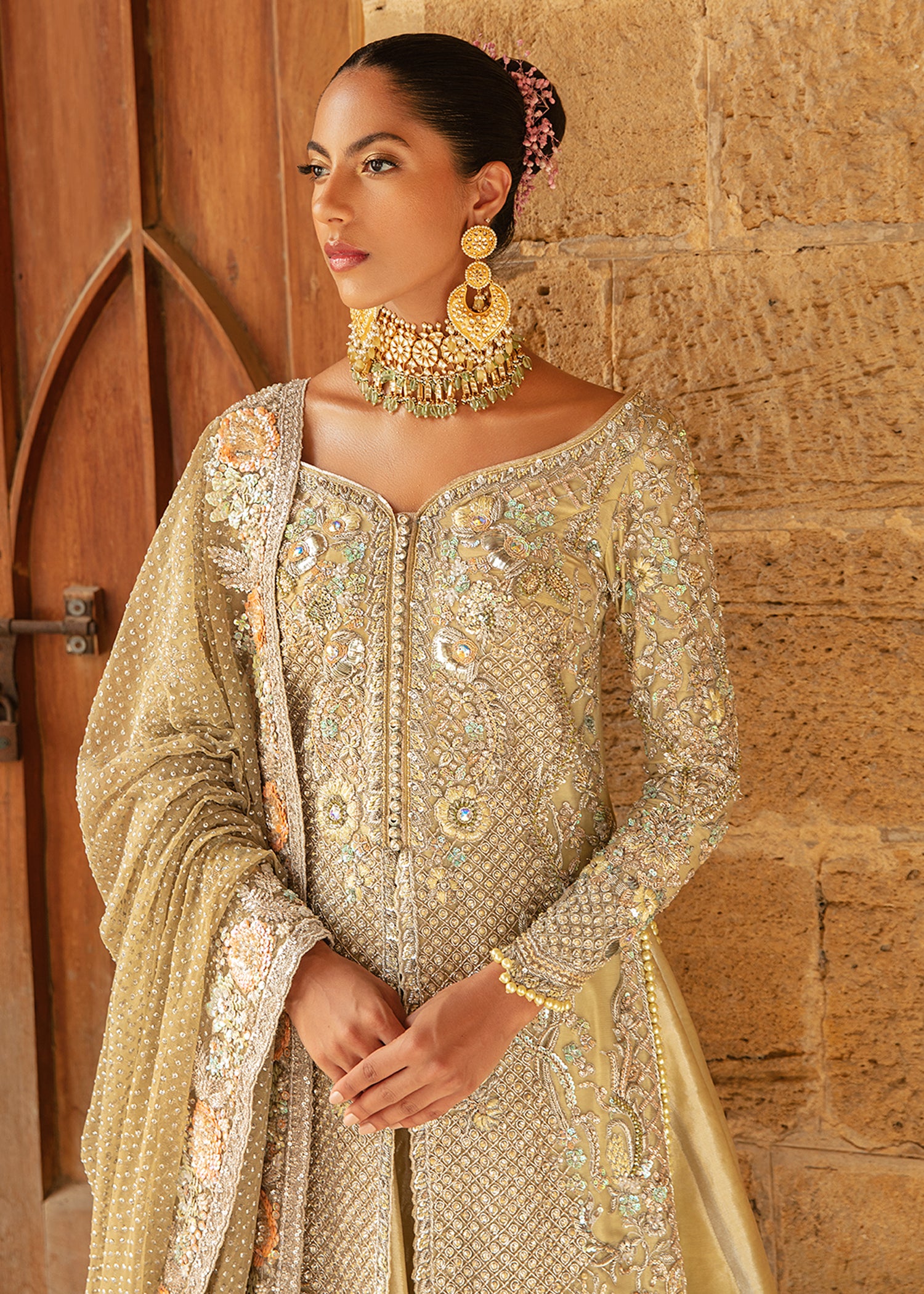 Lime Gold Embellished Silk Lehenga Gown (3-Piece) - Image 4