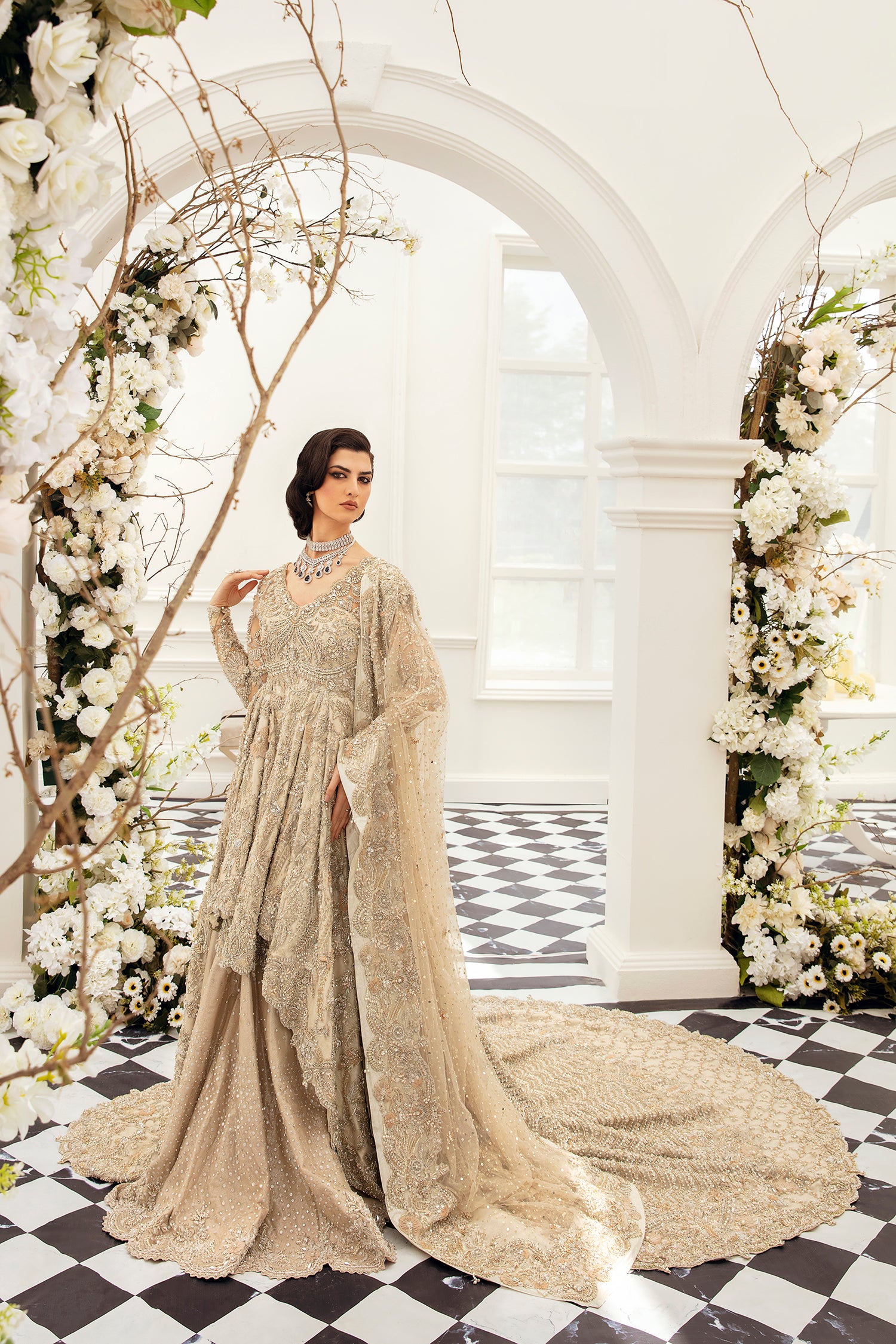 Champagne Embellished Net Silk Bridal Lehenga Gown (3-Piece) - Image 3